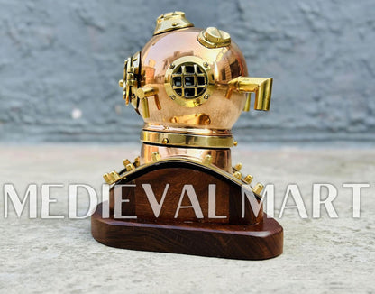 MEDIEVALMART 6"INCH Pure Cooper Brass Diving Helmet With Wooden Base