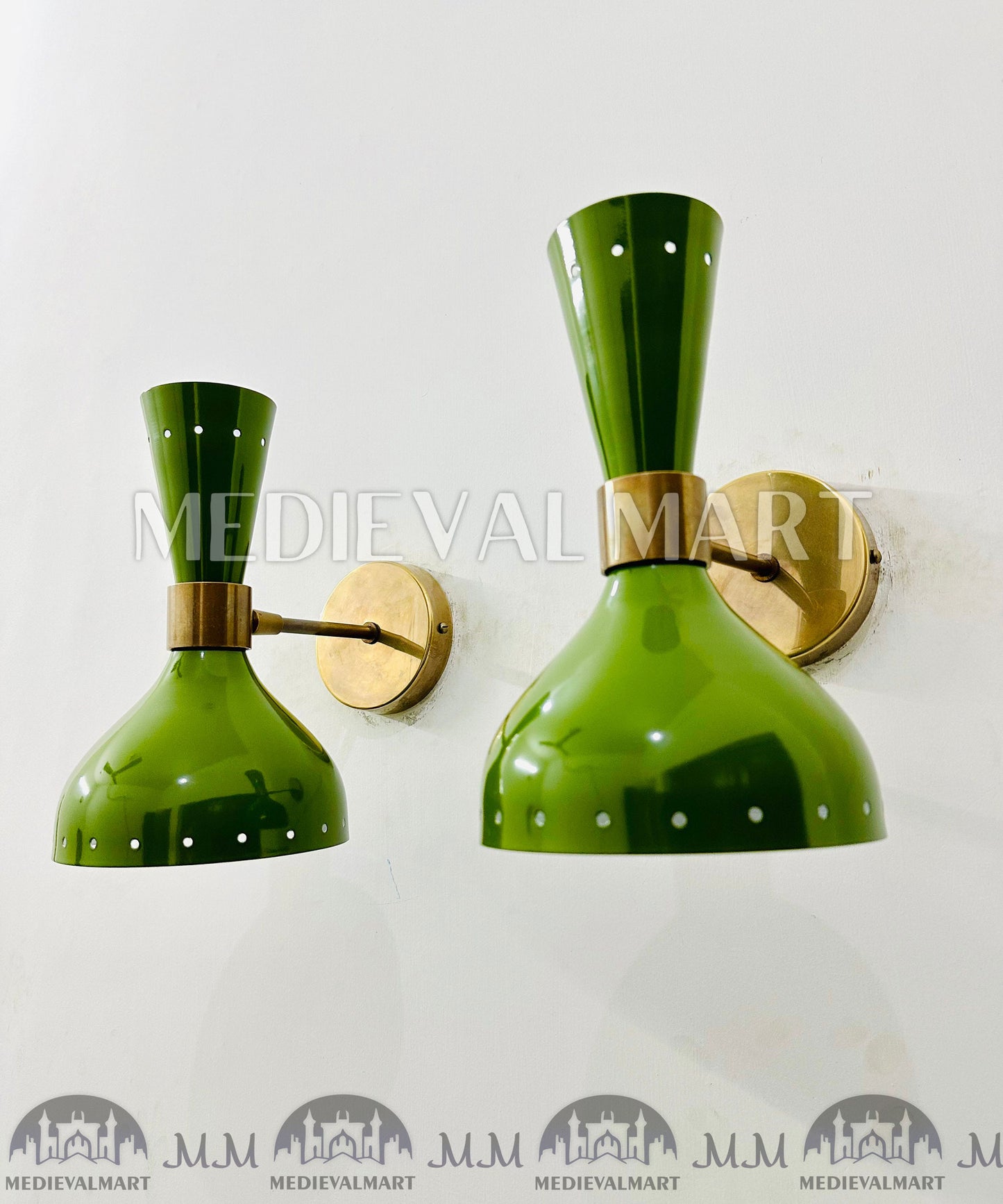 MEDIEVALMART 1950s Brass Mid Century Italian Diabolo Green Wall Scones Light