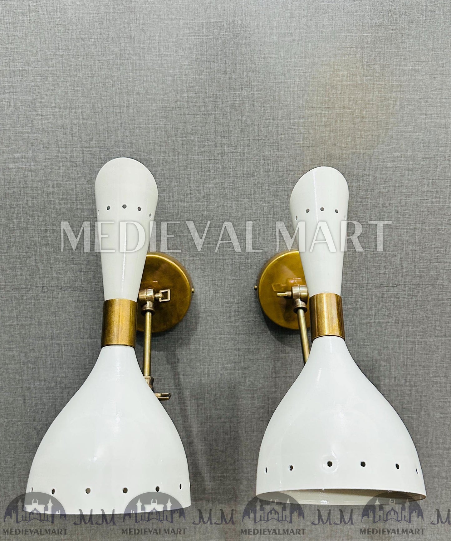 MEDIEVALMART Mid Century Italian Brass Wall Sconce Pair: Cream Diabolo Lamps
