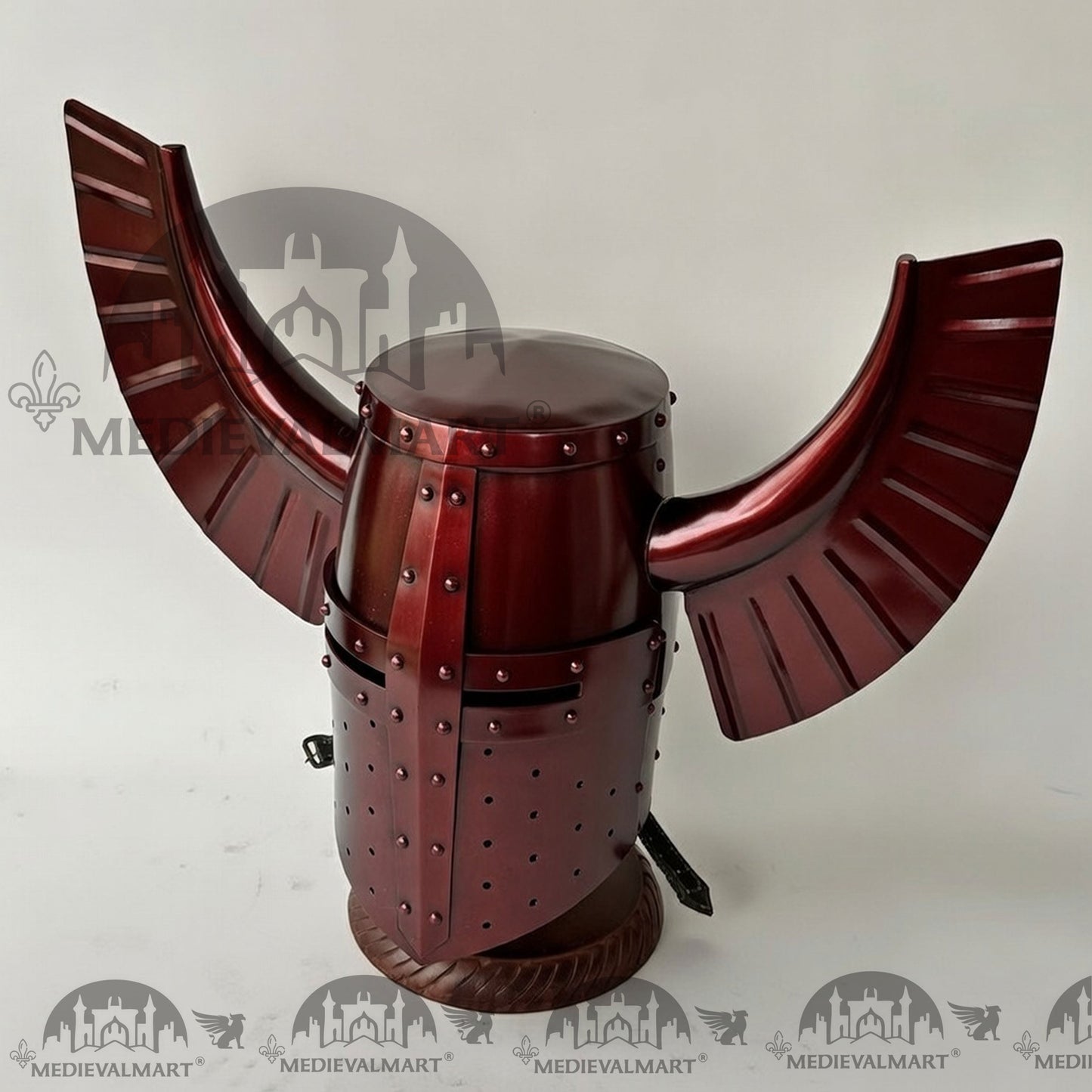 MEDIEVALMART Medieval Templar Warrior Teutonic Maroon Red Finish Wing Helmet with Free Stand
