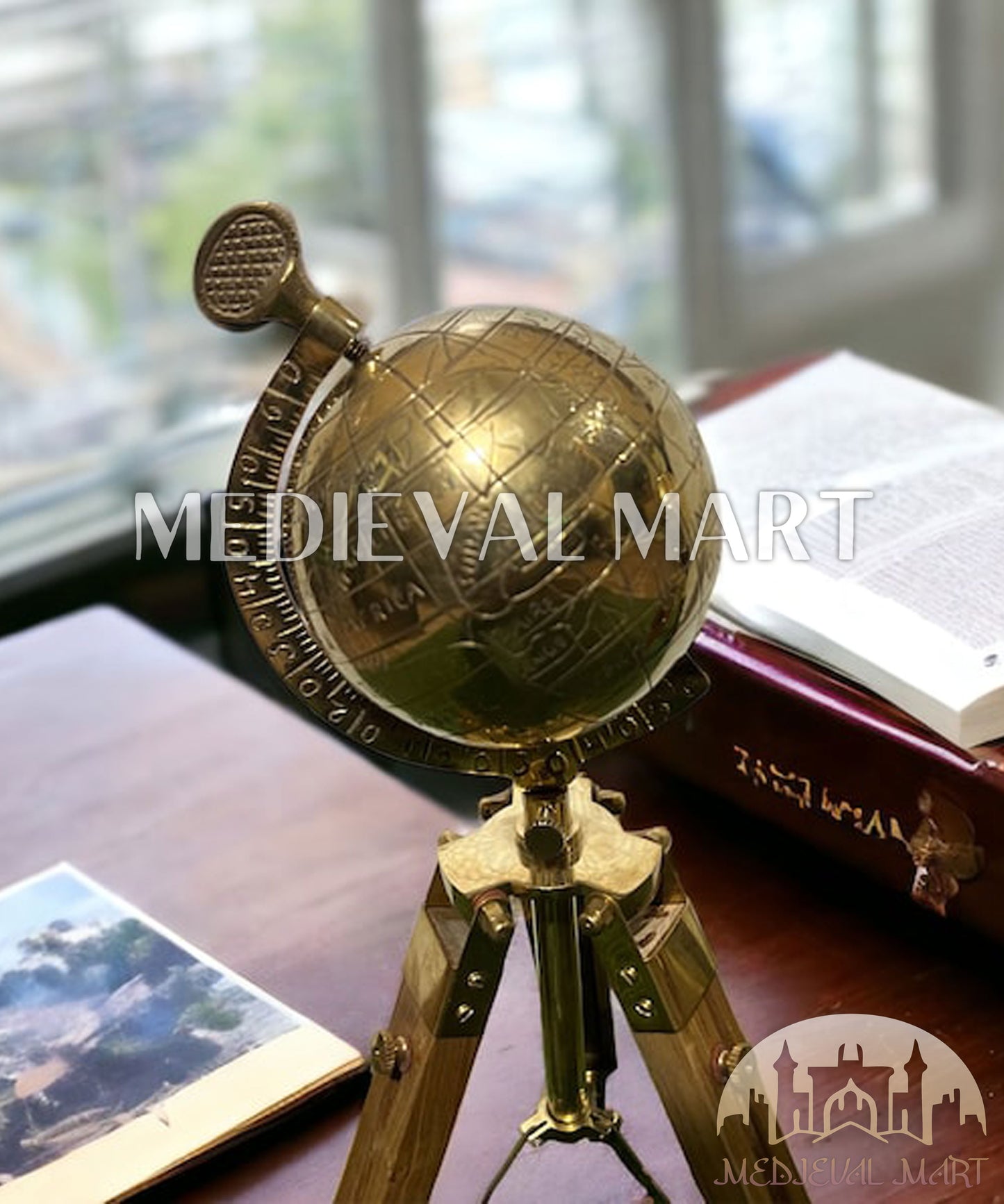 MEDIEVALMART Handmade Brass Armillary Sphere Globe: Wooden Tripod, Nautical Decor Gift for Mom or Dad
