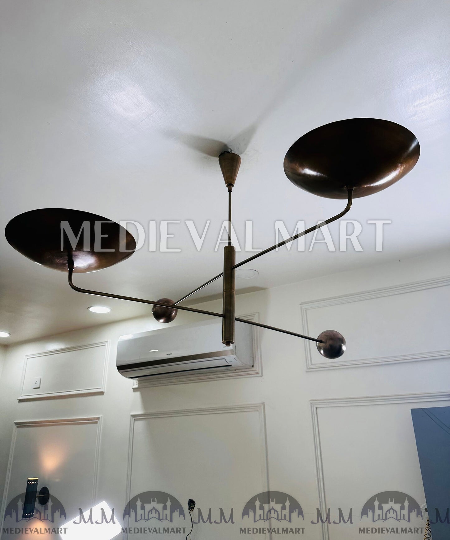 MEDIEVALMART Antique Italian Brass Mid Century Modern Chandelier | 2-Light Counterweight Fixture