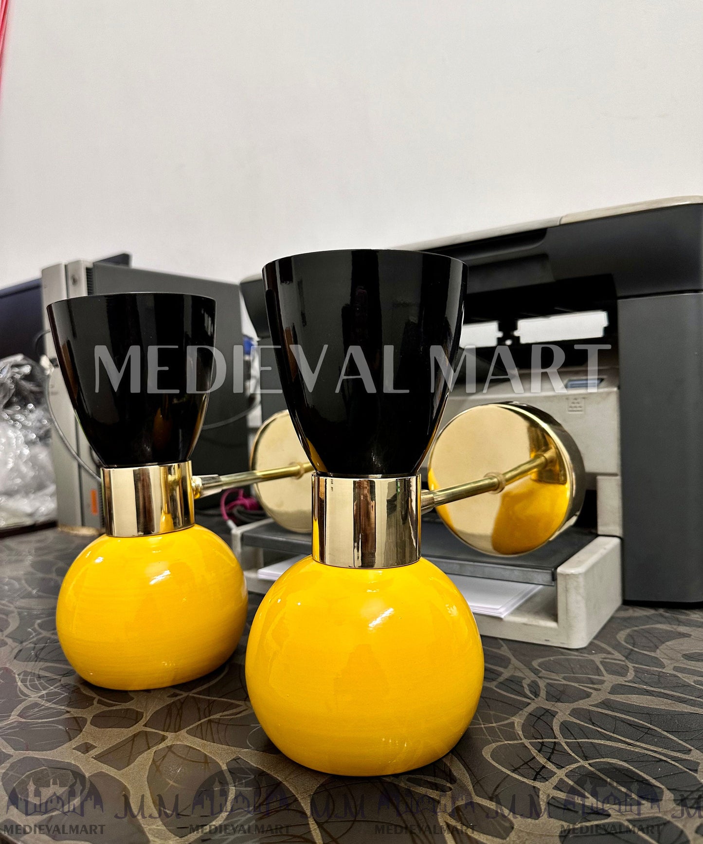 MEDIEVALMART Mid Century Italian Diabolo Wall Sconce Pair: Marigold & Black Bedside Lamps