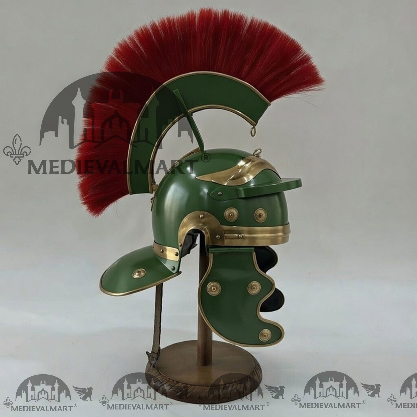MEDIEVALMART Gallic Roman Centurion Jade Green Finish Helmet Replica Red Plume with Free Stand