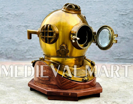 MEDIEVALMART Antique Gold Finish Diving Helmet With Wooden Base