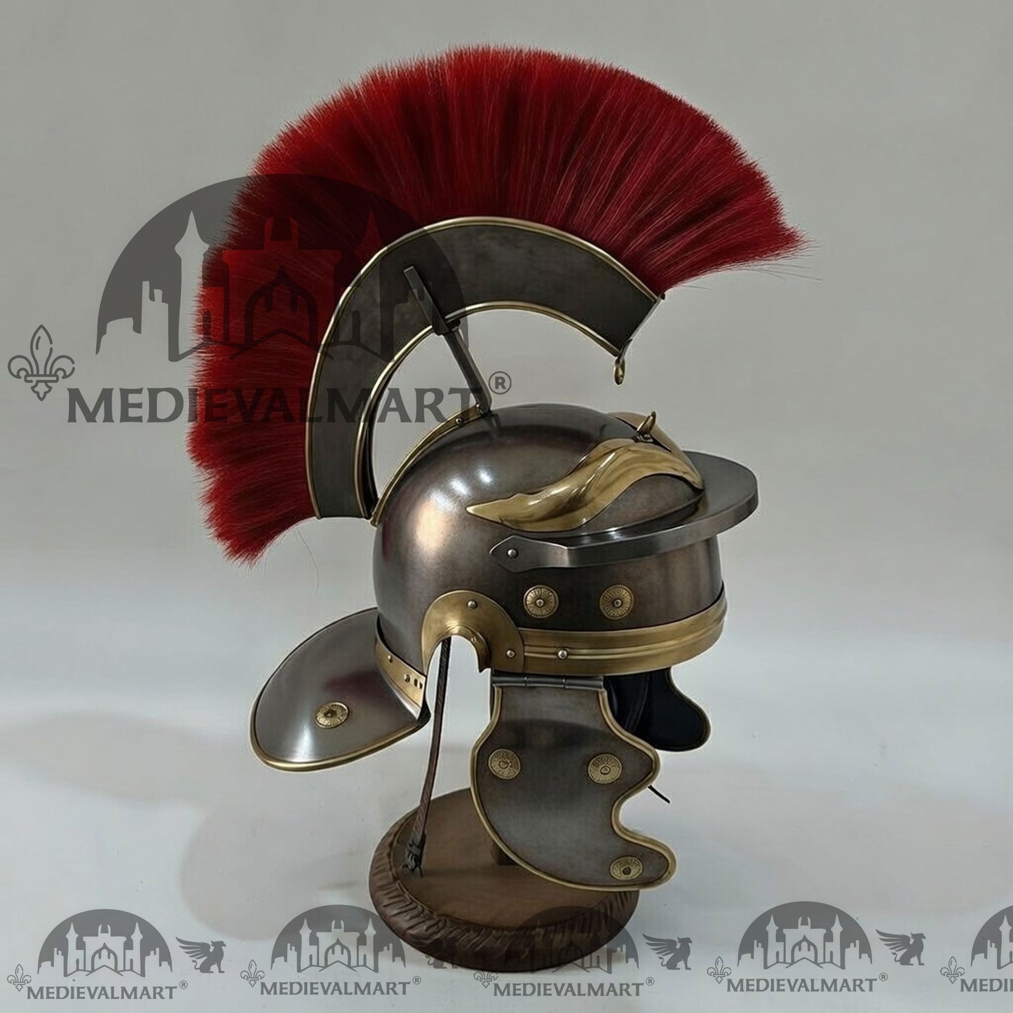 MEDIEVALMART Gallic Roman Centurion Antique Black Finish Helmet Replica Red Plume with Free Stand