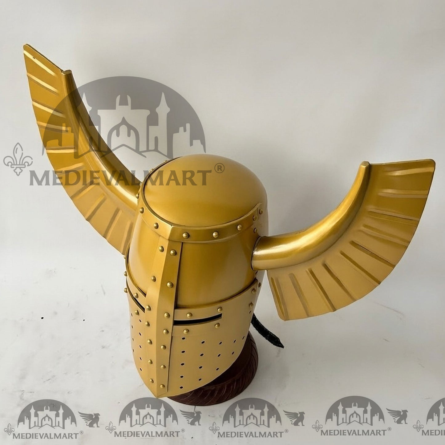 MEDIEVALMART Medieval Templar Warrior Teutonic Yellow Finish Wing Helmet with Free Stand