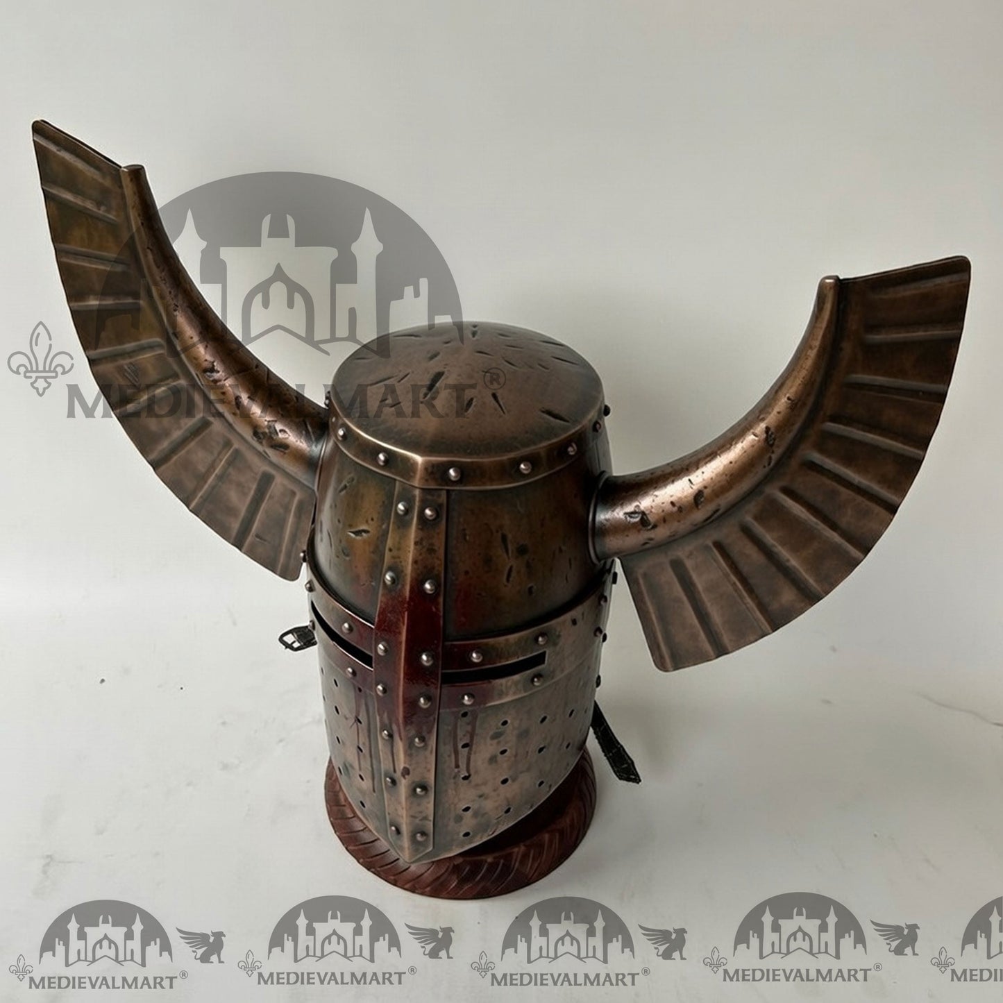 MEDIEVALMART Medieval Templar Warrior Teutonic Damage Copper W/H Blood Finish Wing Helmet with Free Stand