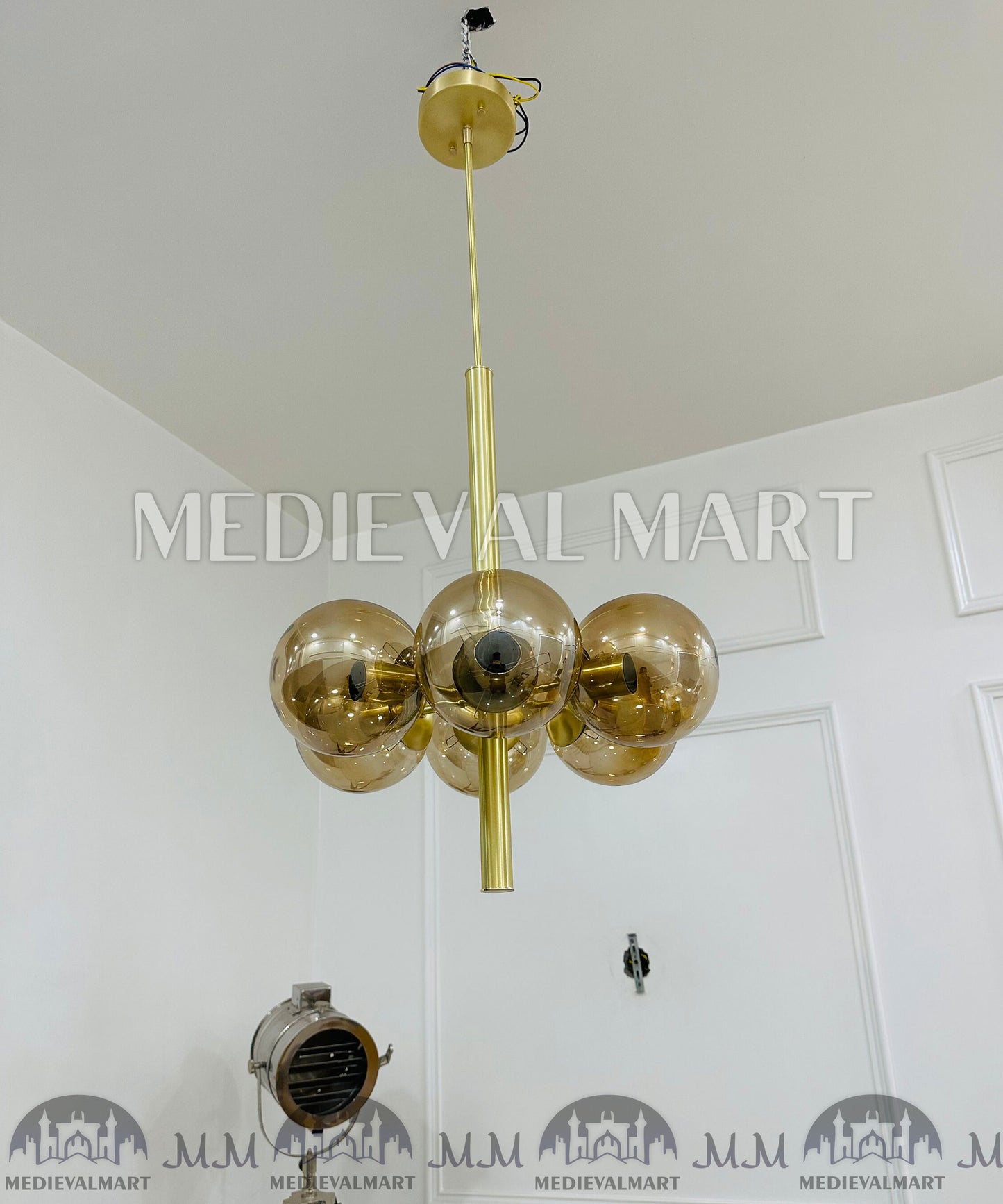 MEDIEVALMART Handmade Brass 6-Arm Glass Ball Chandelier Mid-Century Modern Light