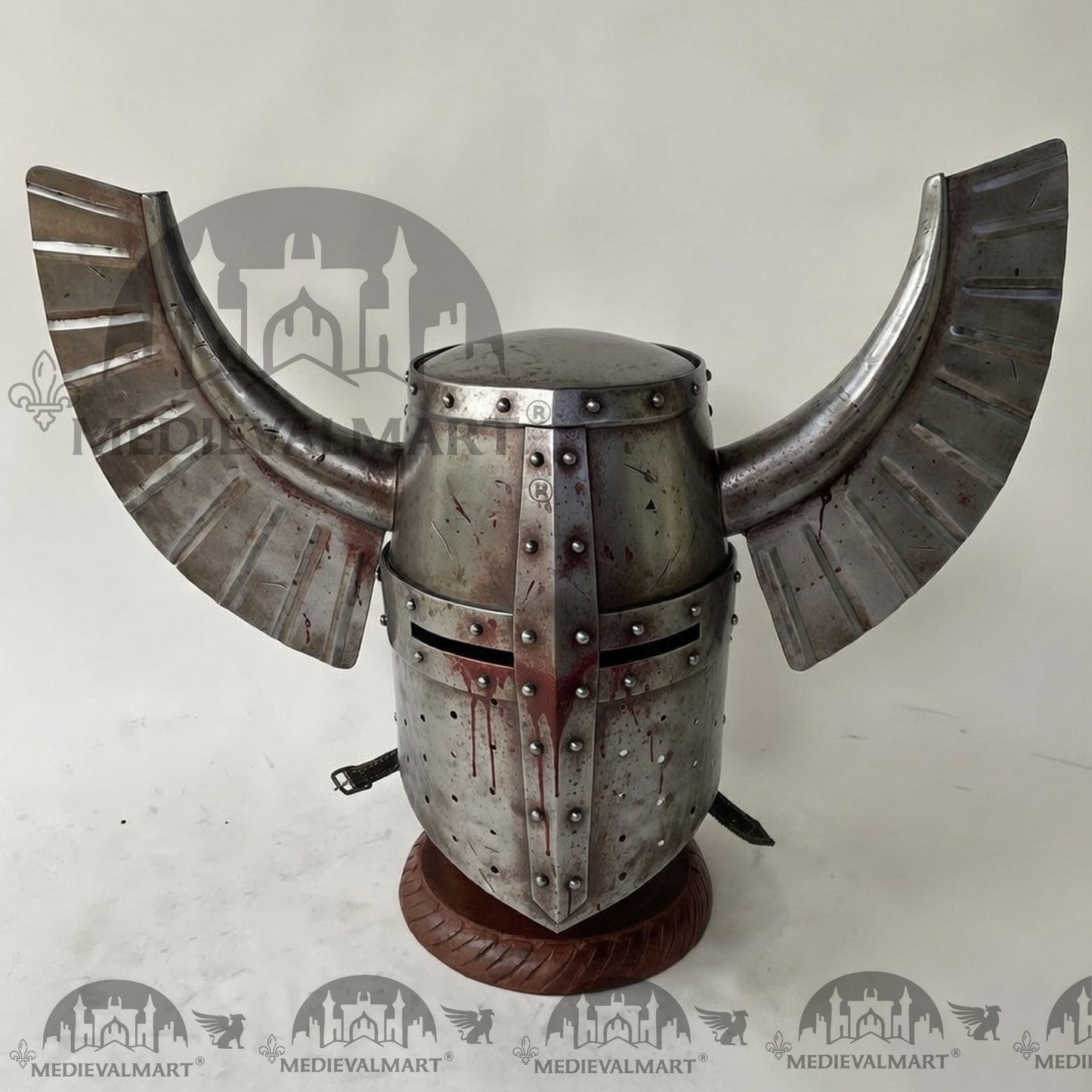 MEDIEVALMART Medieval Templar Warrior Teutonic Damage Silver W/H Blood Finish Wing Helmet with Free Stand