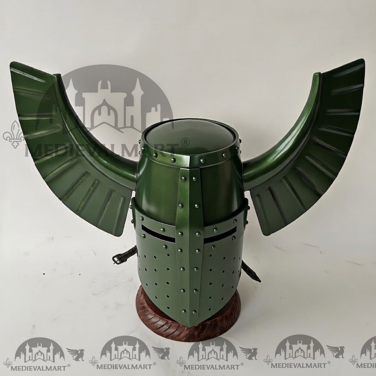 MEDIEVALMART Medieval Templar Warrior Teutonic Jade Green Finish Wing Helmet with Free Stand