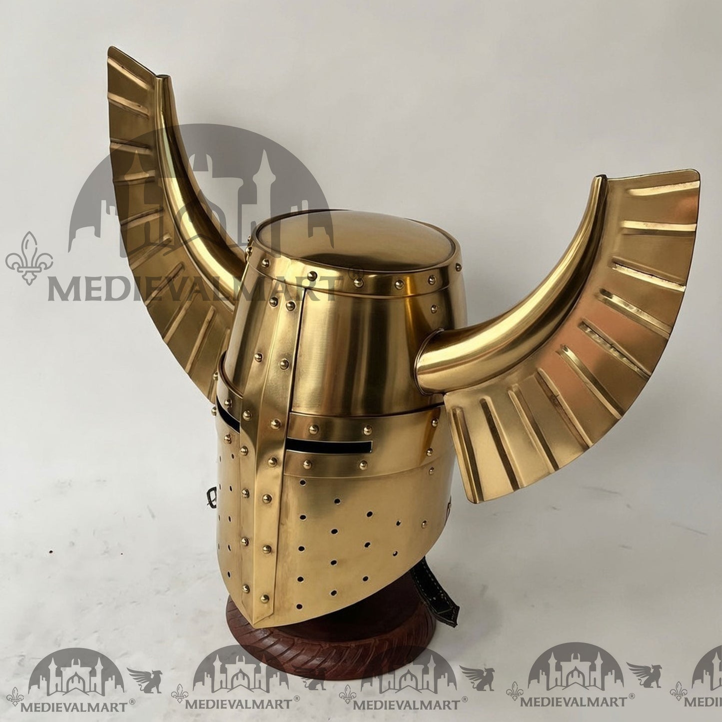 MEDIEVALMART Medieval Templar Warrior Teutonic Wing Helmet Gold Finish with Free Stand