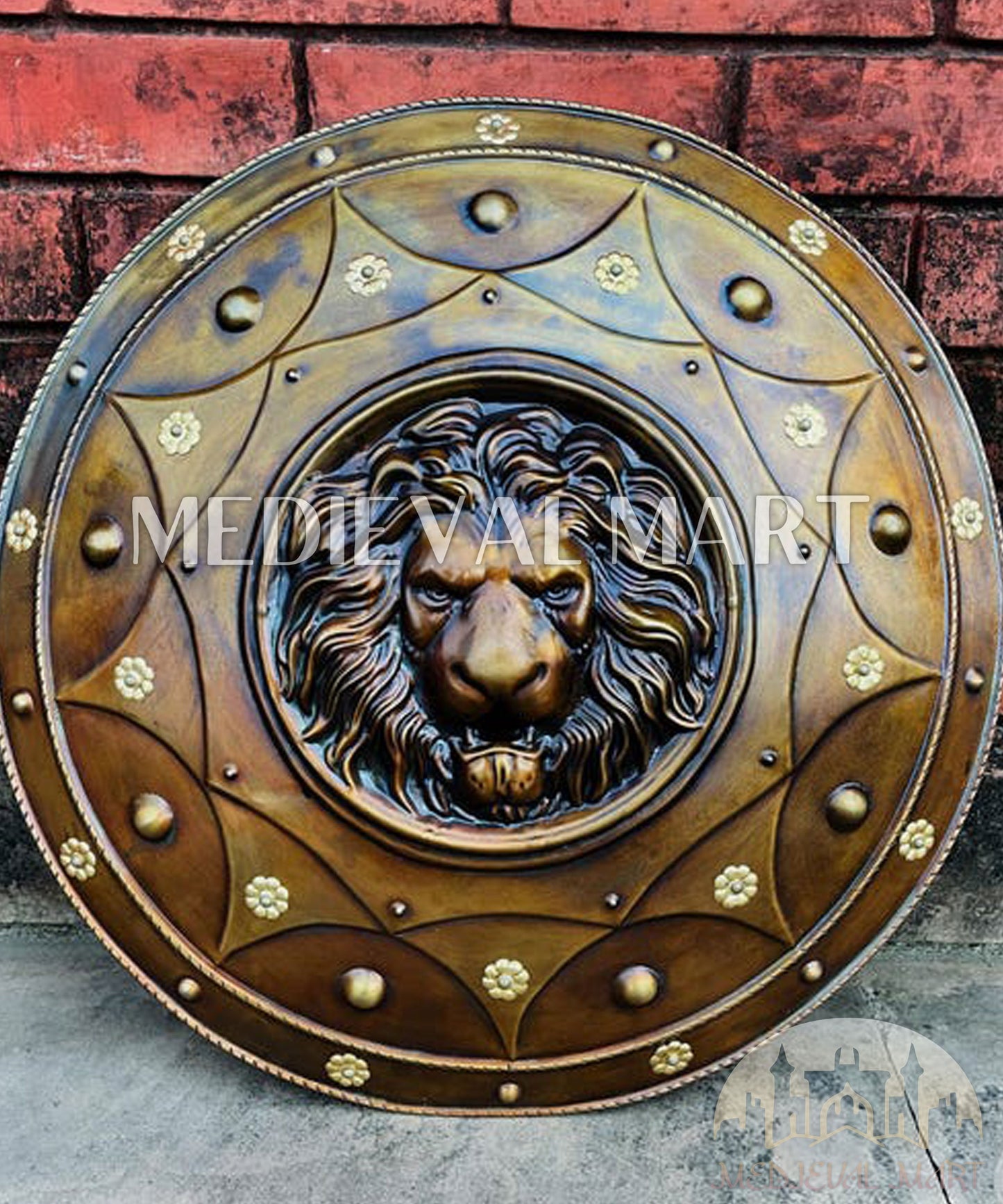 MEDIEVALMART Medieval Lion Face Spartan Shield Antique Finish | Gift For Dad