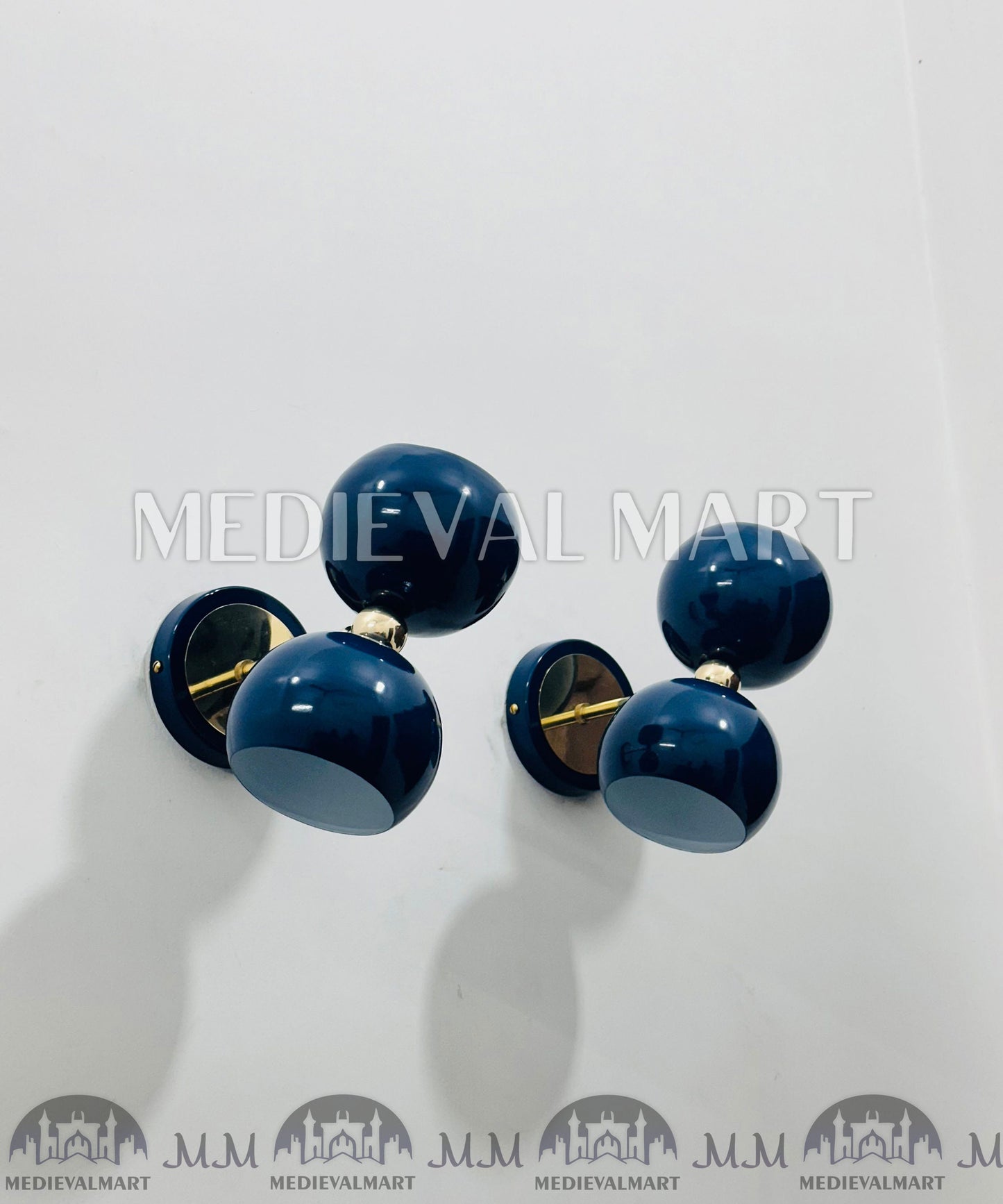 MEDIEVALMART Mid-Century Italian Brass Diabolo Wall Sconce Pair - Blue Lamp (Set of 2)