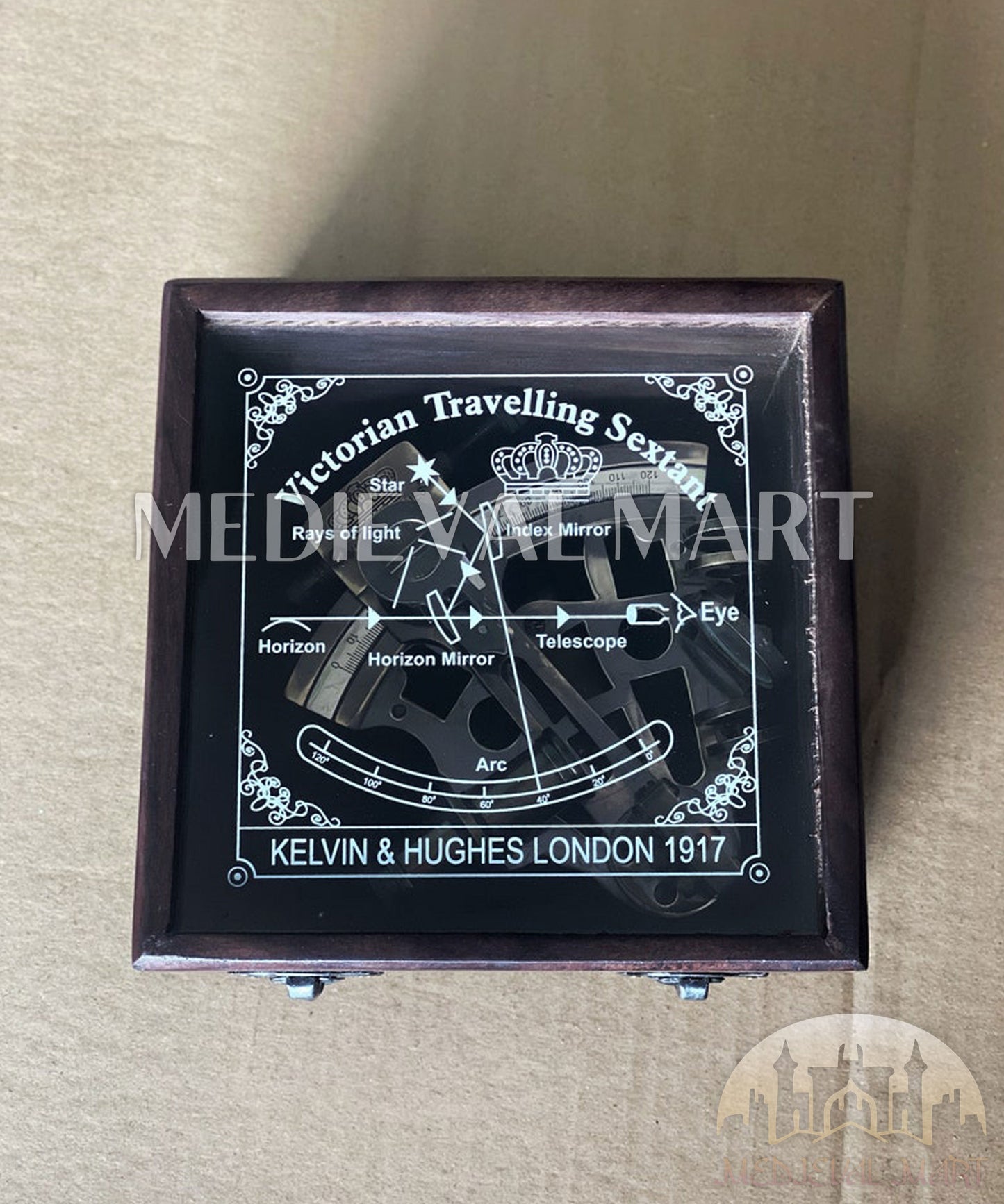 MEDIEVALMART Nautical Working Brass Kelvin Sextant W/H Transparent Wooden Case | Vintage Maritime Precision Astrolabe Ship Instrument, Christmas Gifts