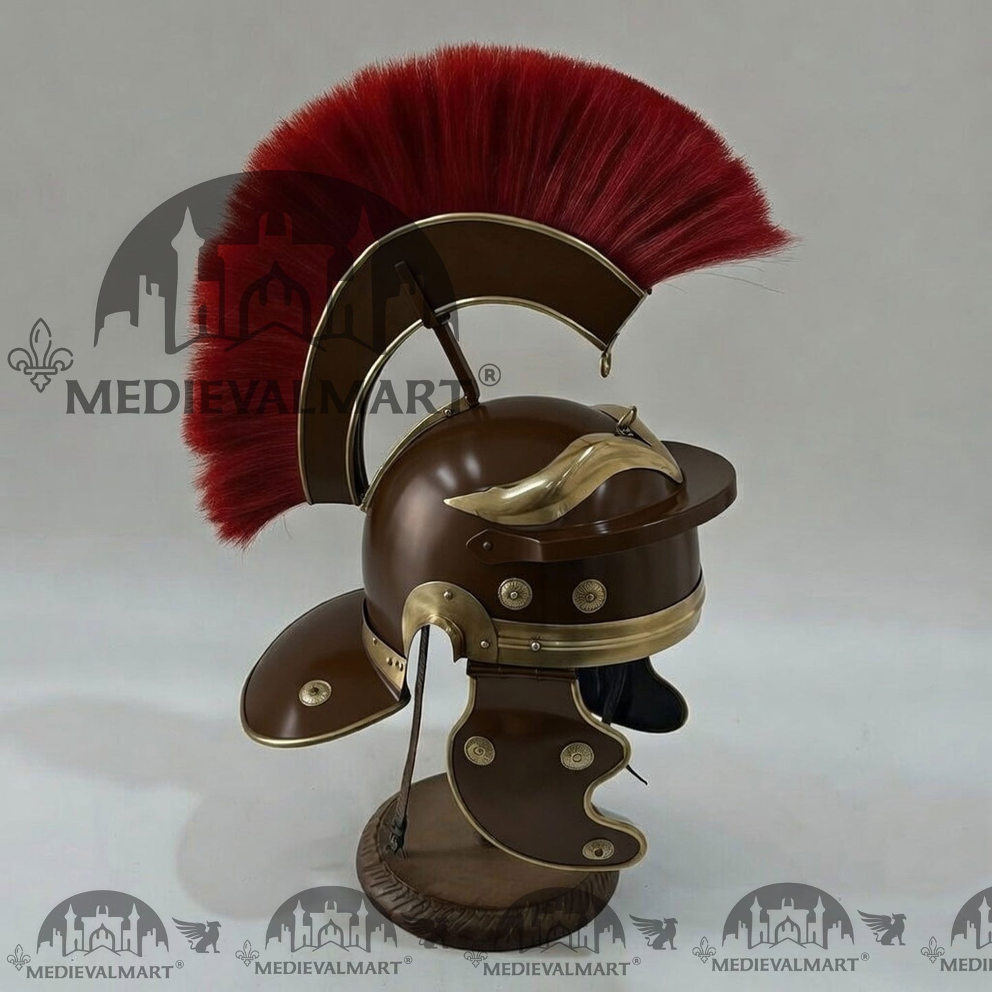 MEDIEVALMART Gallic Roman Centurion Brown Finish Helmet Replica Red Plume with Free Stand