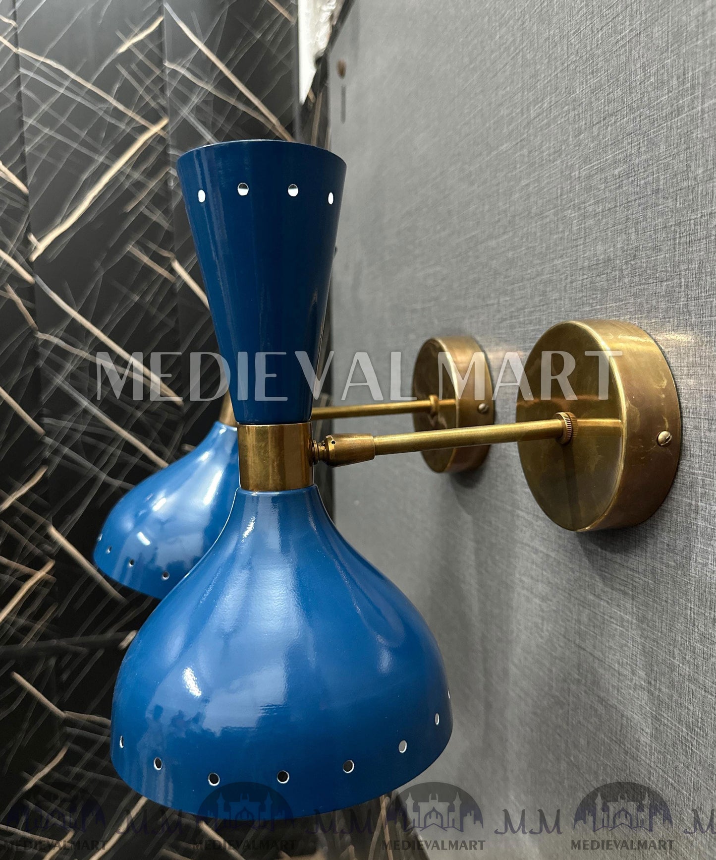 MEDIEVALMART 1950's Brass Cone Wall Sconce: Mid Century Modern Vanity Light - Shiny Blue