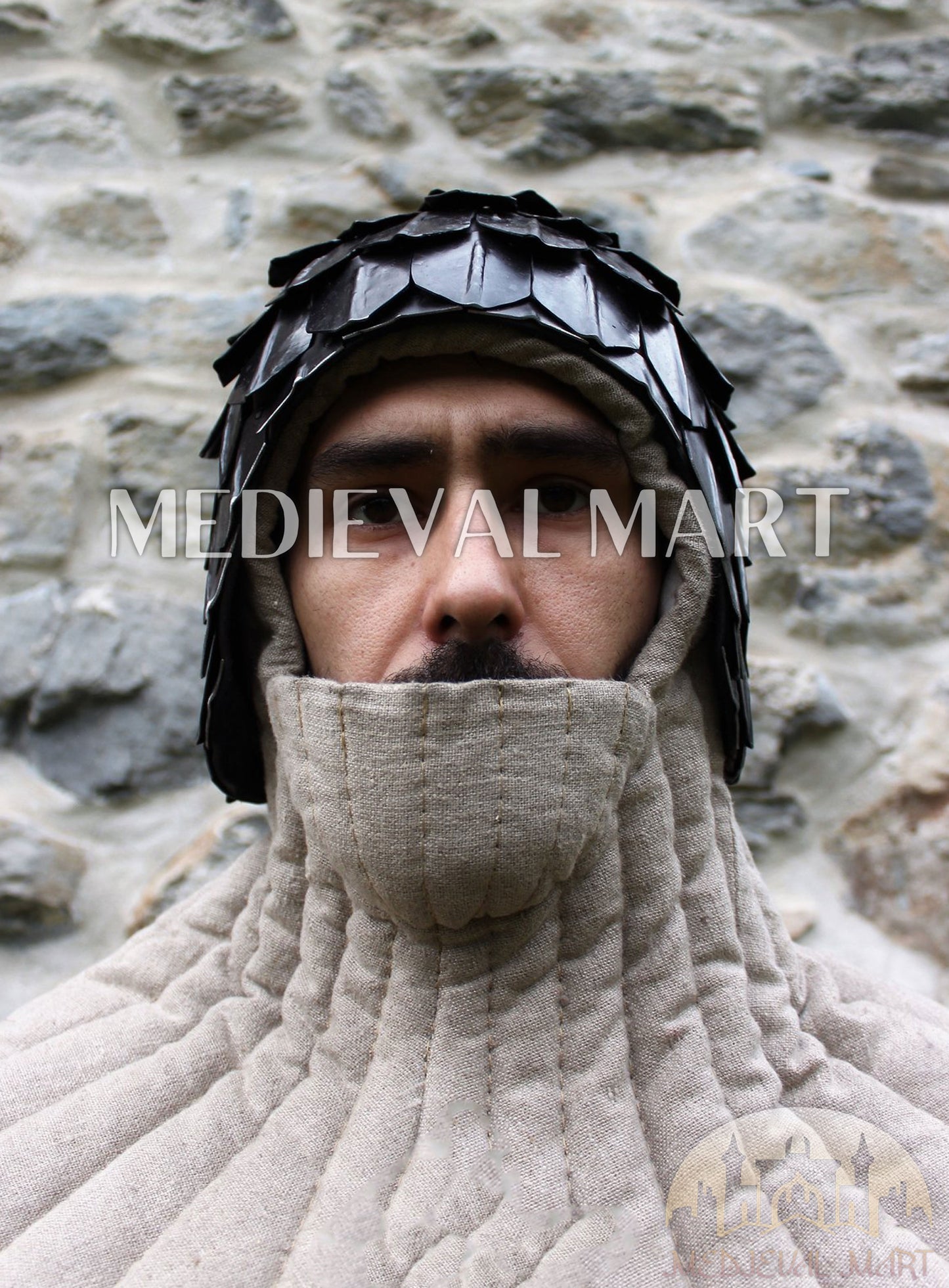 MEDIEVALMART Medieval Historical Scaled Skull Cap Helmet W/H Antique Black Polished & Carbon Steel