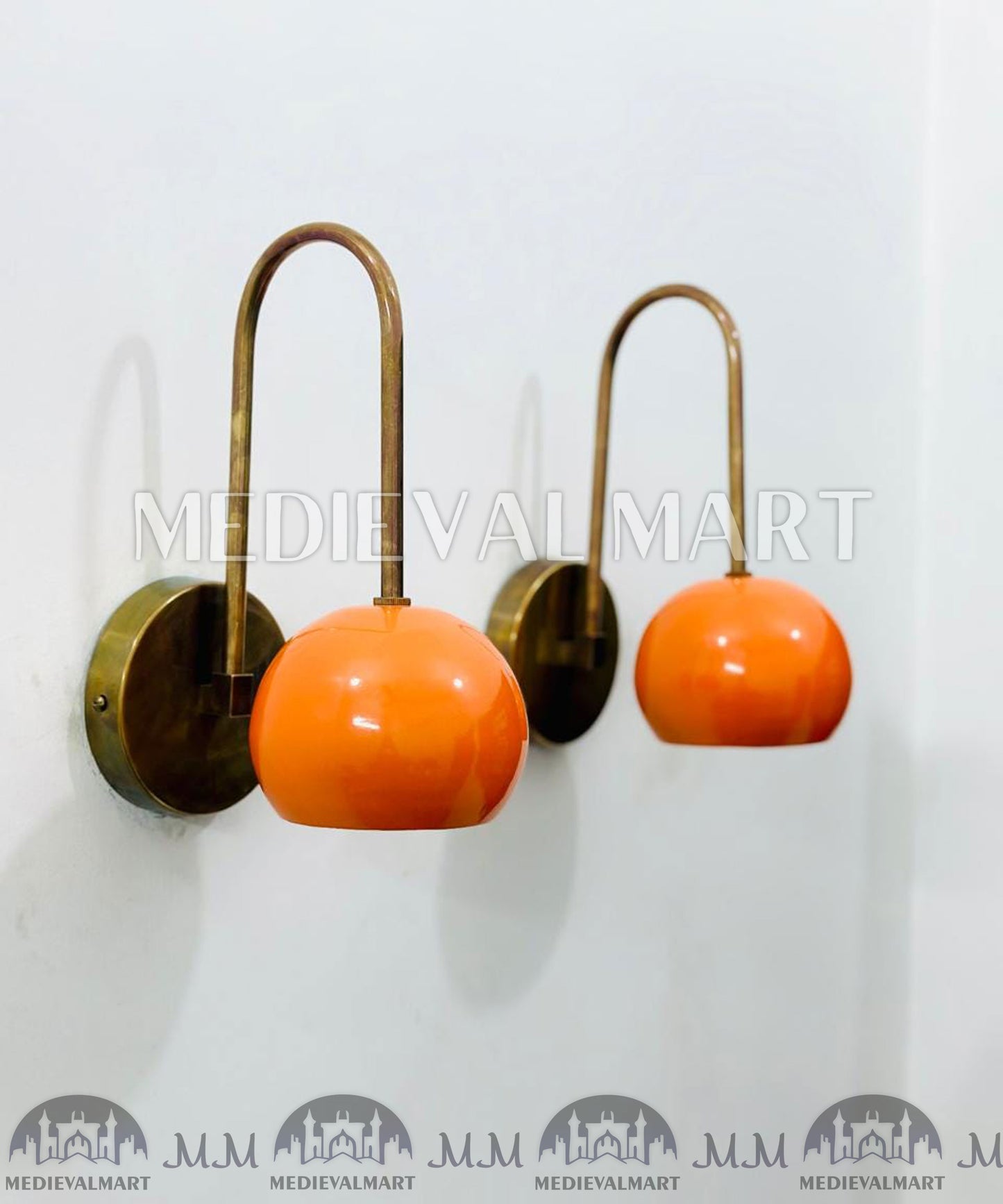 MEDIEVALMART Mid-Century Modern Brass Wall Sconces Vanity Lamp Orange Ball Accent