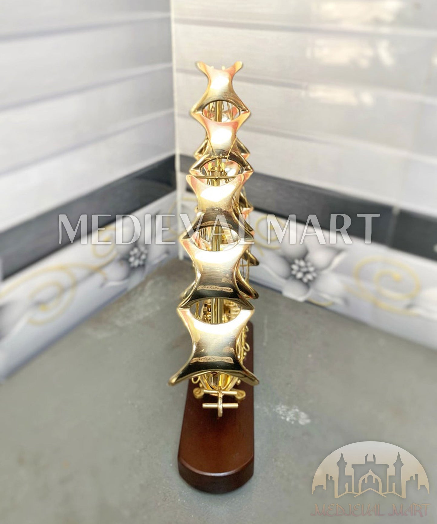MEDIEVALMART Nautical Shiny Brass Decorative Ship W/H Wooden Base | Showpiece Royal Navy 3 Mast Model Perfect, Christmas Gifts