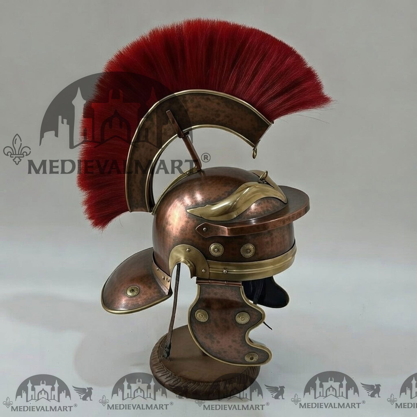 MEDIEVALMART Gallic Roman Centurion Antique Copper Finish Helmet Replica Red Plume with Free Stand