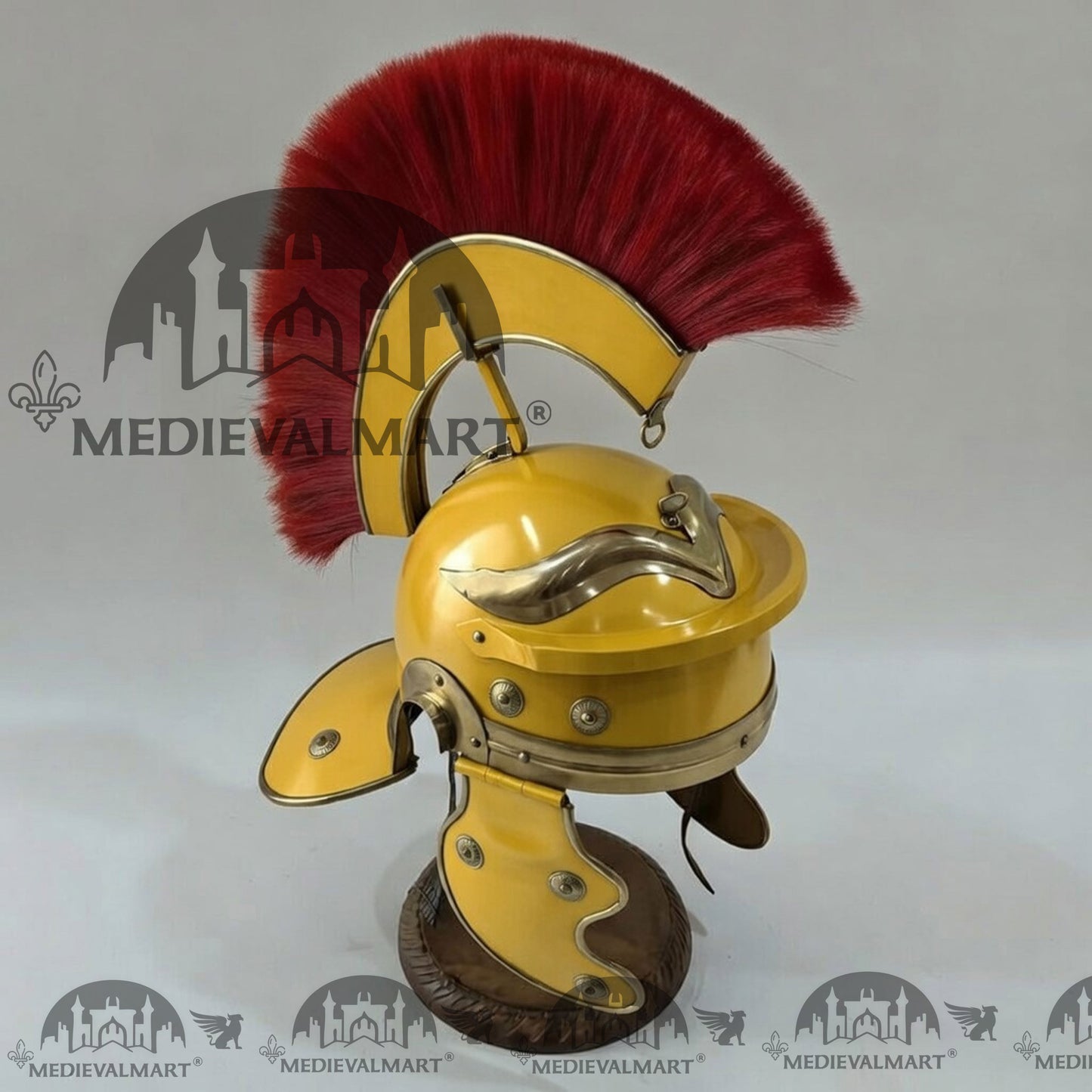 MEDIEVALMART Gallic Roman Centurion Yellow Finish Helmet Replica Red Plume with Free Stand