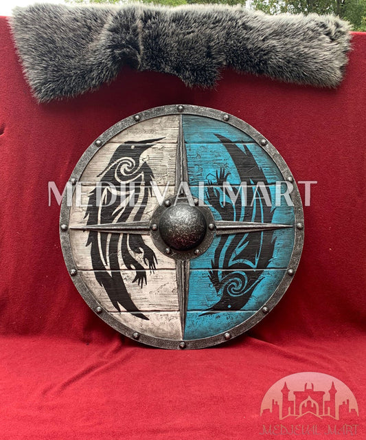 MEDIEVALMART Viking's Gray Ouroboros Iron Spikes Battleworn  Viking Wooden Shield | Gifts For Dad