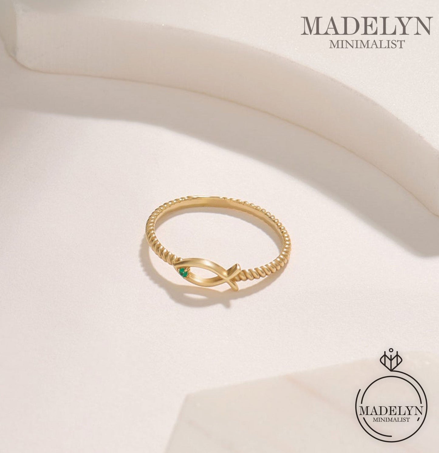 MADELYN MINIMALIST 14k Solid Gold Ichthus Ring, Dainty Christian Ring, Tiny Emerald Ring | Gift for Mom, Grandma