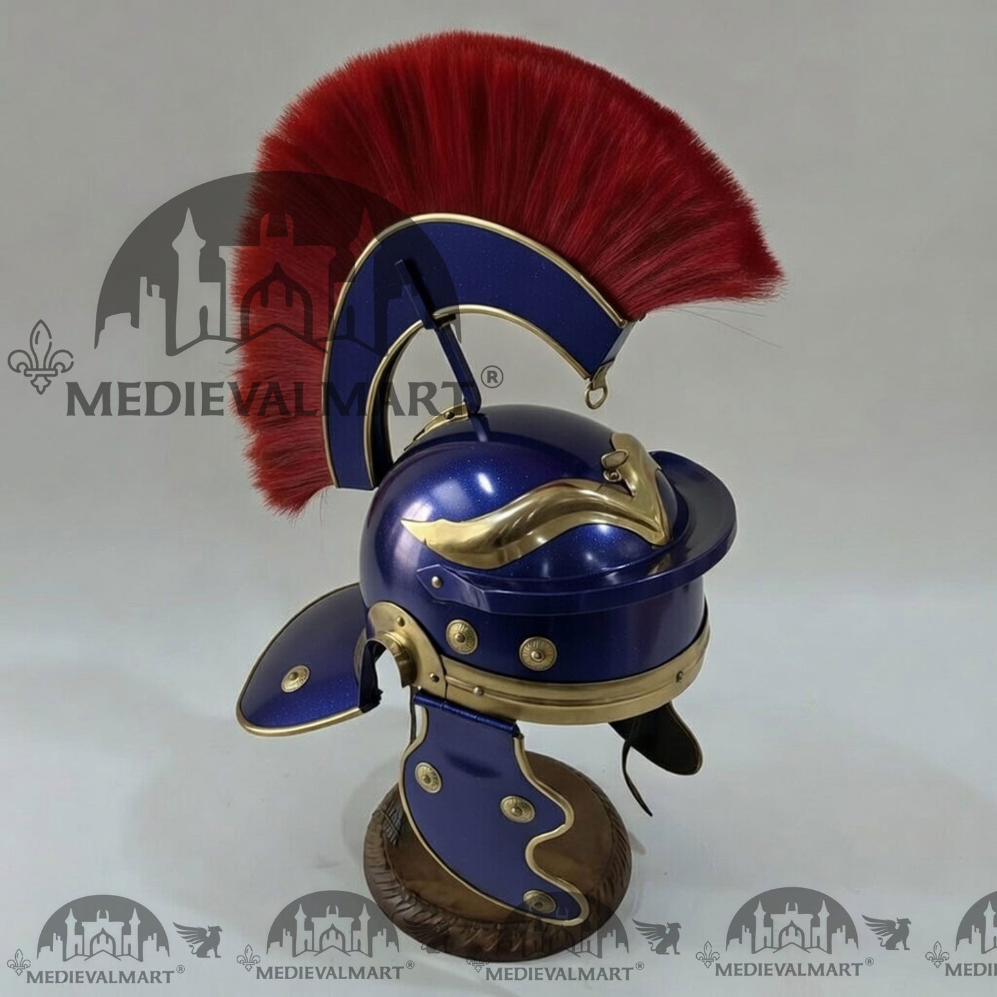MEDIEVALMART Gallic Roman Centurion Blue Finish Helmet Replica Red Plume with Free Stand