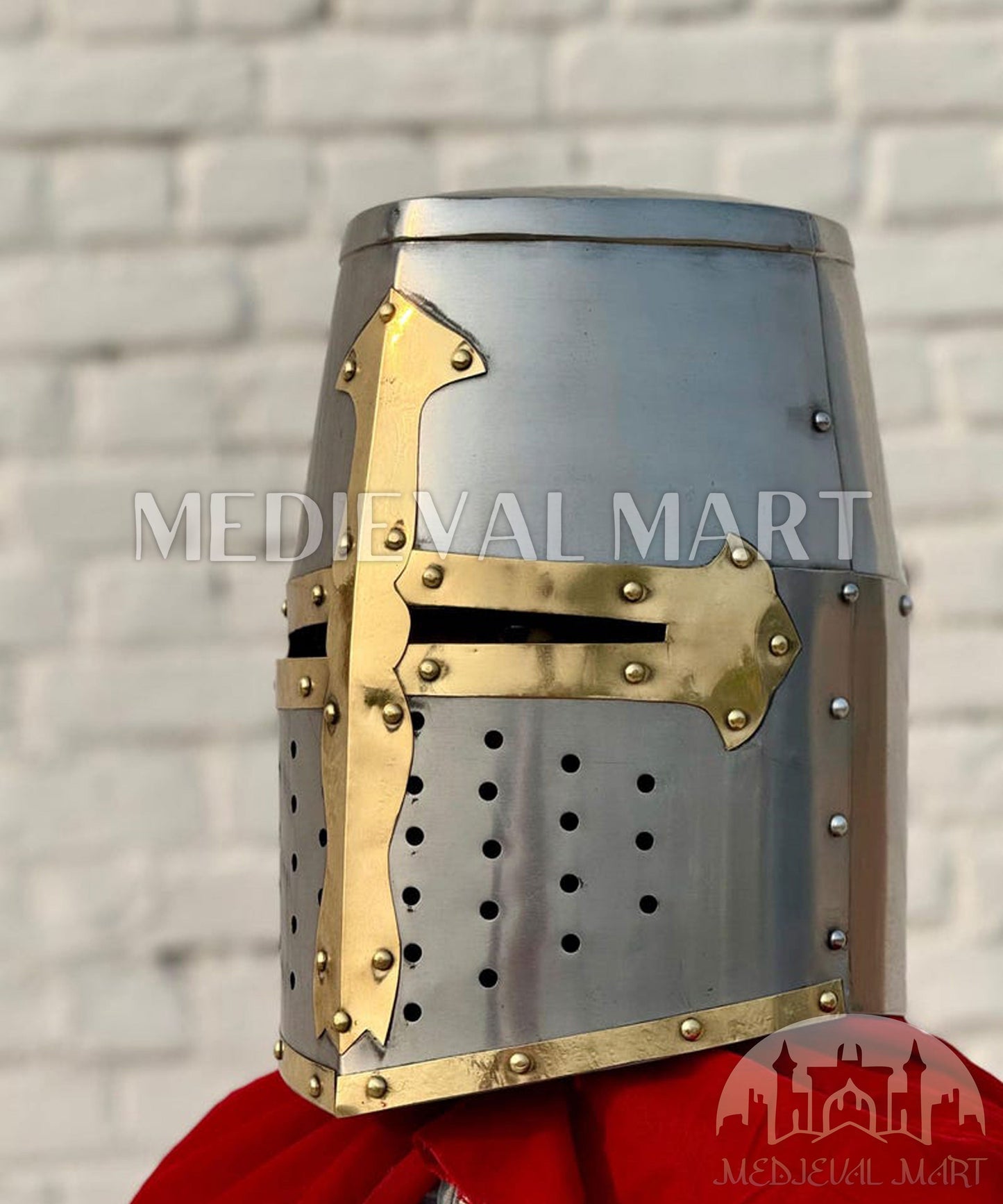 MEDIEVALMART Medieval Sivler Knight Templar Crusader Helmet W/H Brass Deco for LARP or Cosplay - Gift For Dad