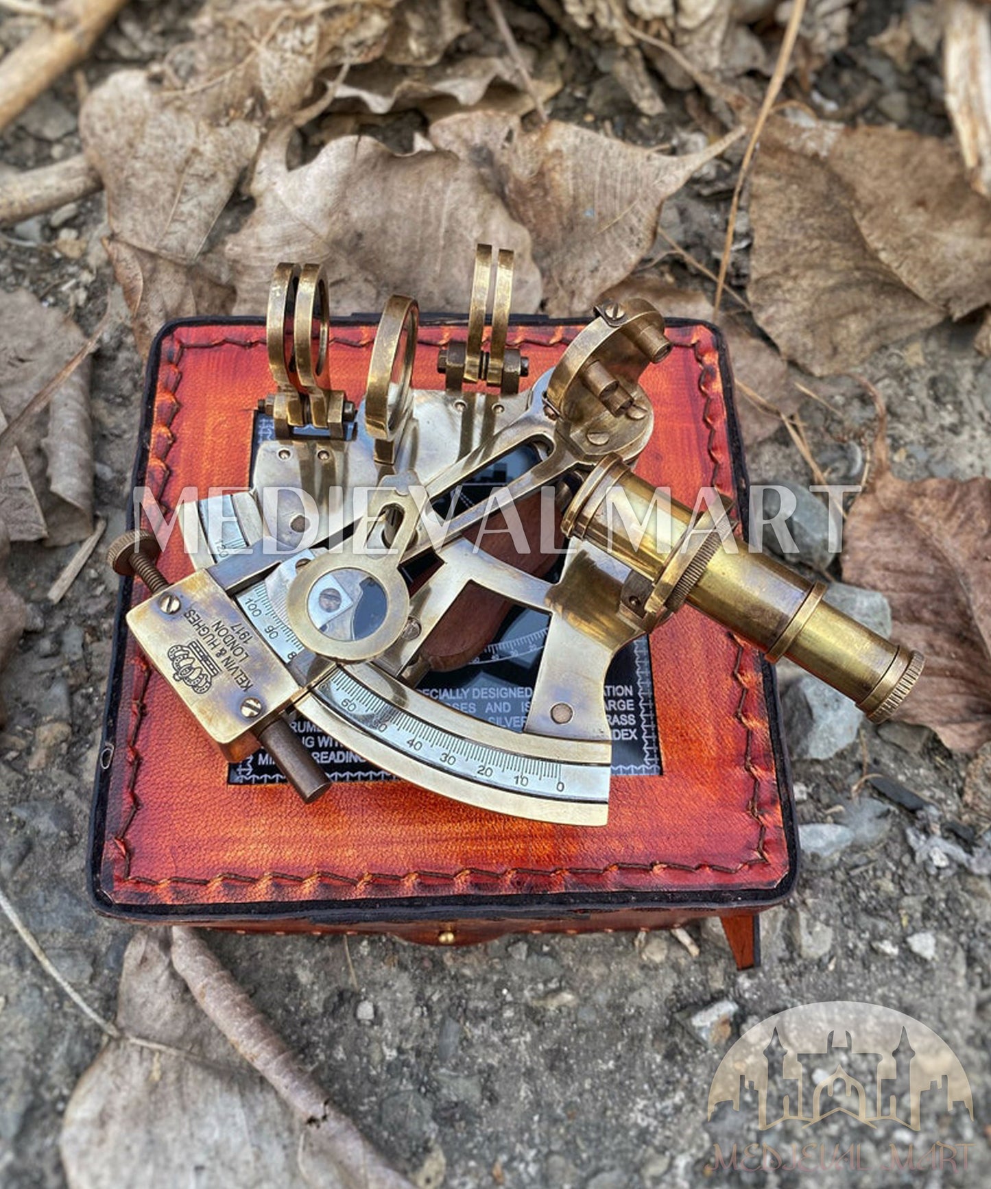 MEDIEVALMART Nautical Victorian Solid Brass Working Sextant W/H Cute Leather Case | Antique Finish - Navigational Instrument, Christmas Gifts