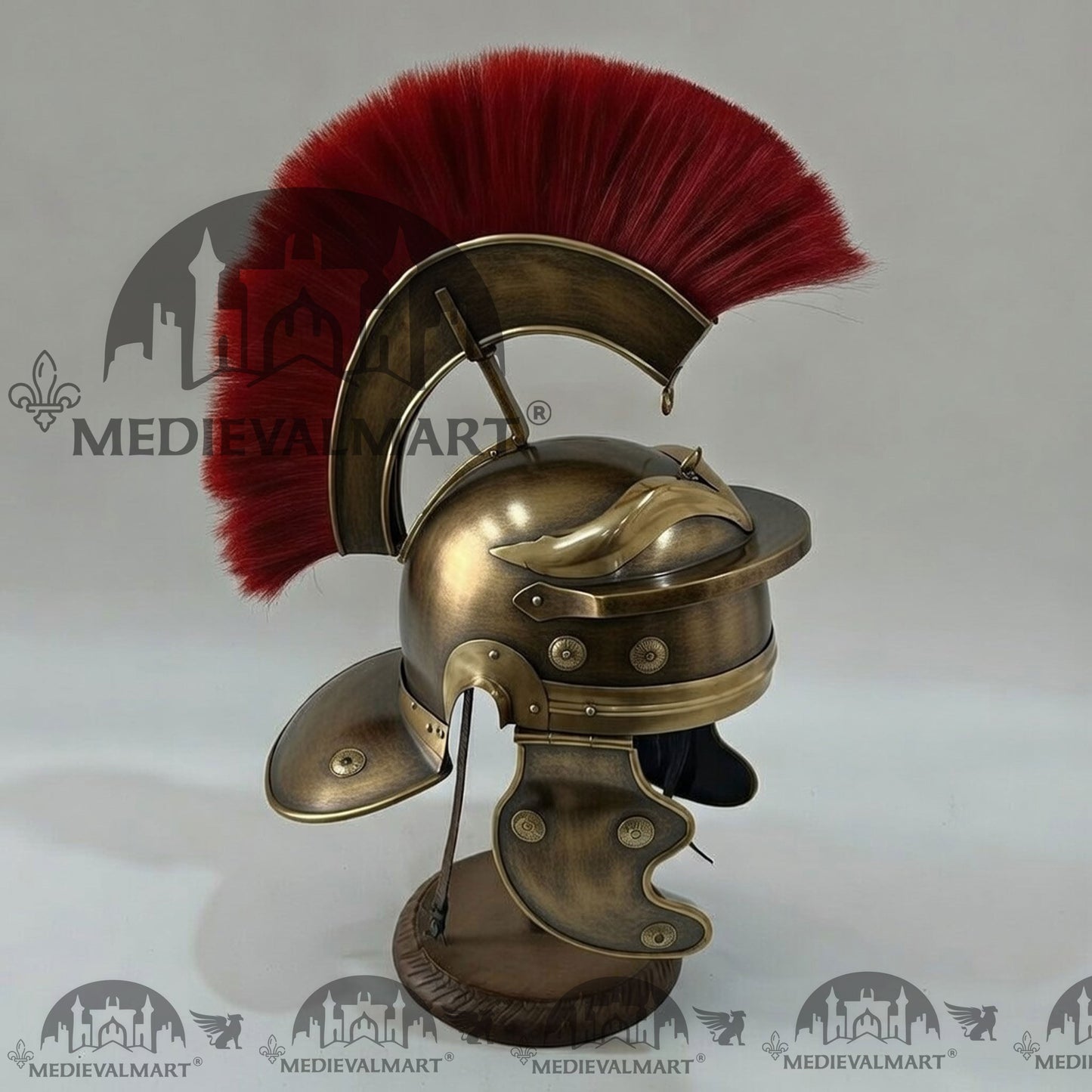 MEDIEVALMART Gallic Roman Centurion Antique Gold Finish Helmet Replica Red Plume with Free Stand