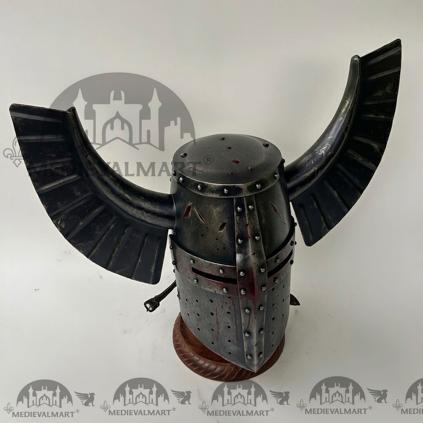 MEDIEVALMART Medieval Templar Warrior Teutonic Damage Black W/H Blood Finish Wing Helmet with Free Stand