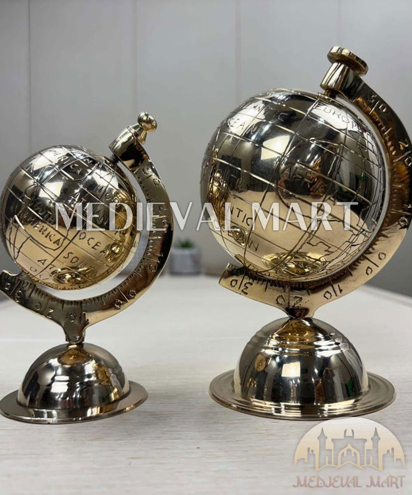 MEDIEVALMART Handmade Solid Brass World Globe: Etched Map, Rotating Desk Decor Gift for Christmas Day