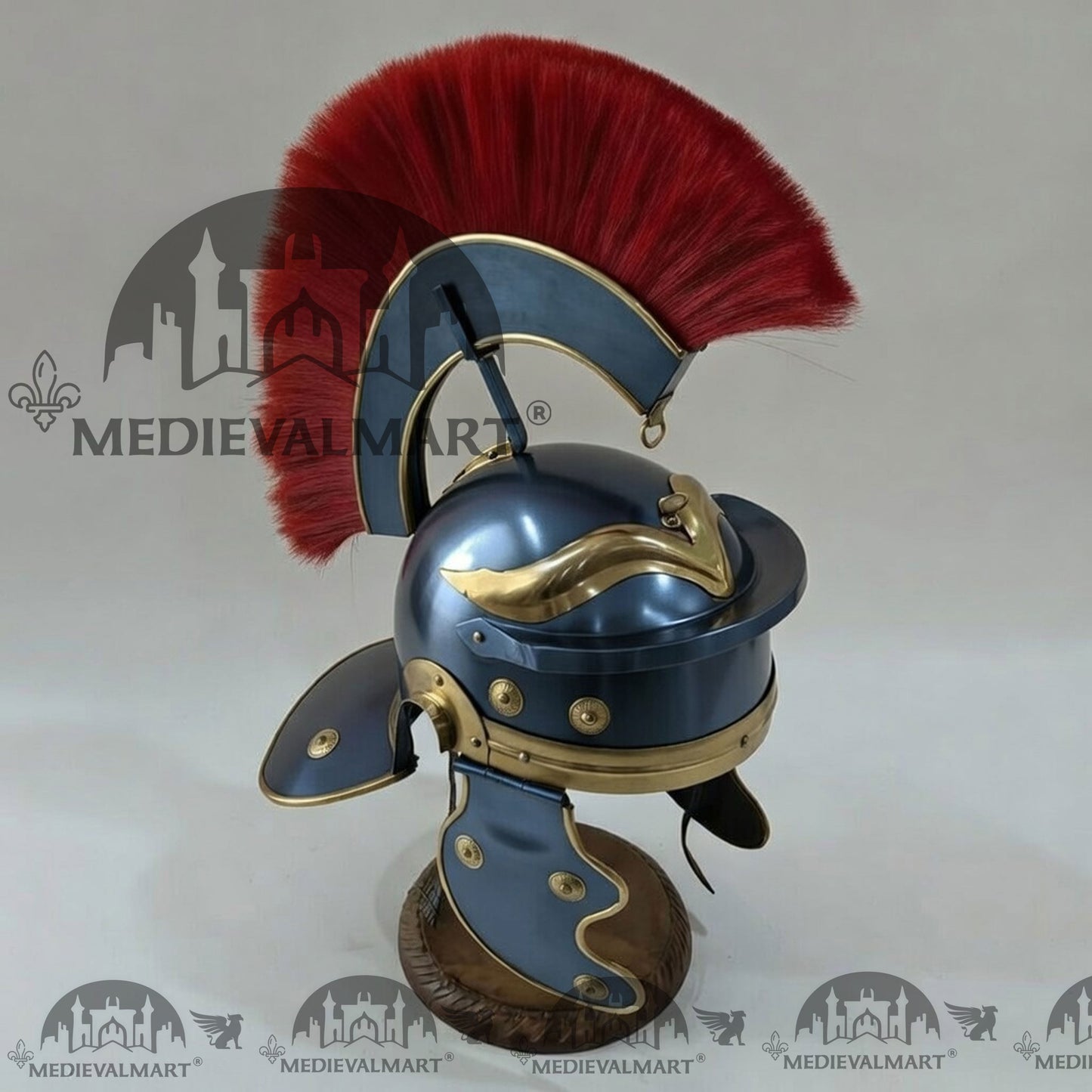MEDIEVALMART Gallic Roman Centurion Ocean Blue Finish Helmet Replica Red Plume with Free Stand