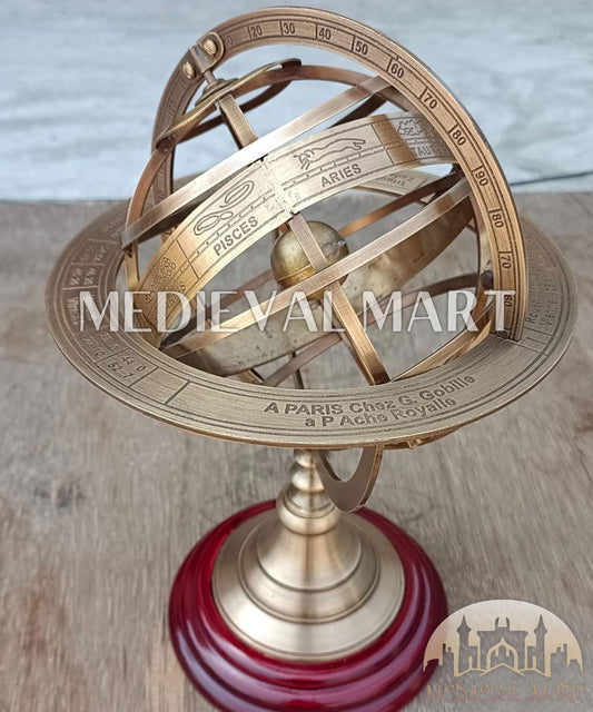 MEDIEVALMART Anitque Brass Armillary Sphere on Wooden Base: Nautical Home Decor Gift for Christmas