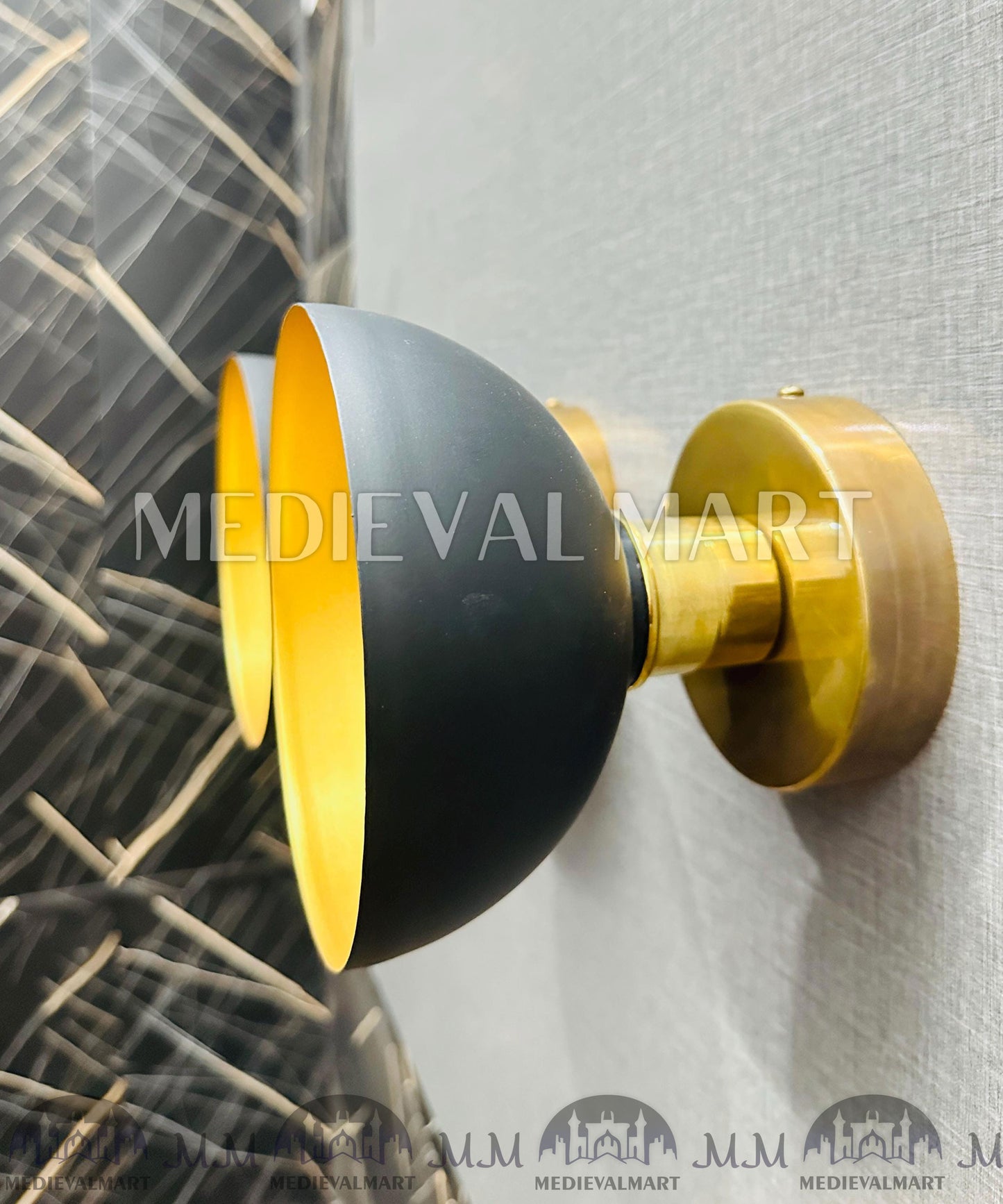 MEDIEVALMART Industrial Black and Gold Wall Sconce: Modern Dome Light Fixture