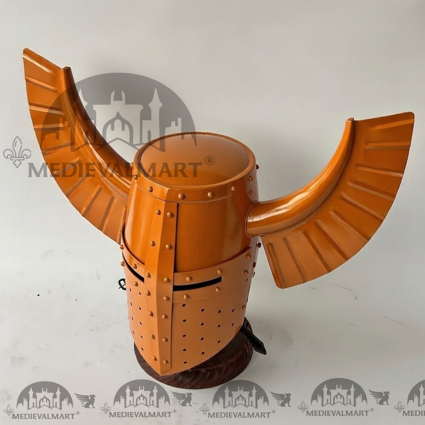 MEDIEVALMART Medieval Templar Warrior Teutonic Orange Finish Wing Helmet with Free Stand