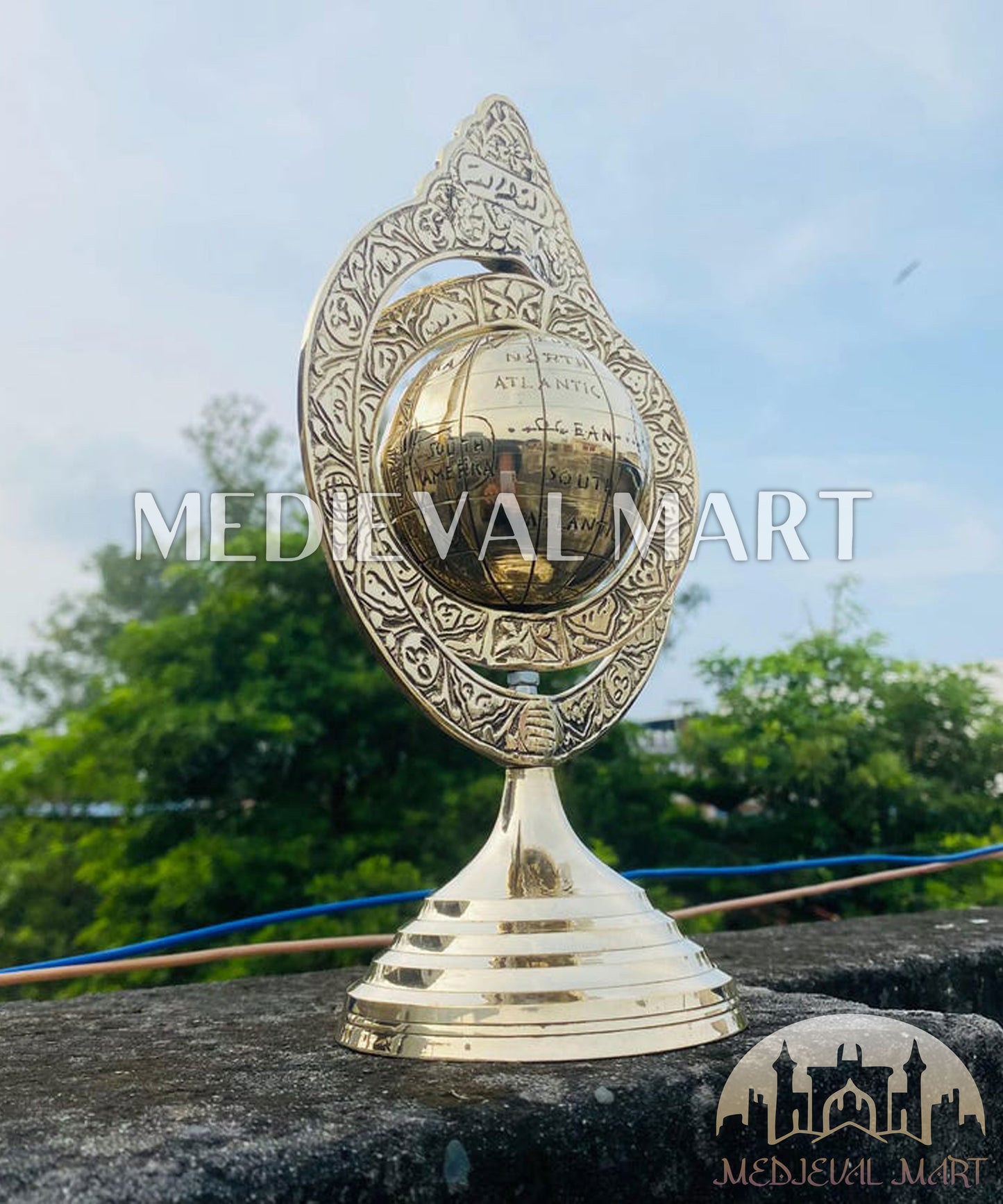 MEDIEVALMART Handmade Antique Brass World Globe for Desk Decor Armillary Home Office Interior Gift For Dad