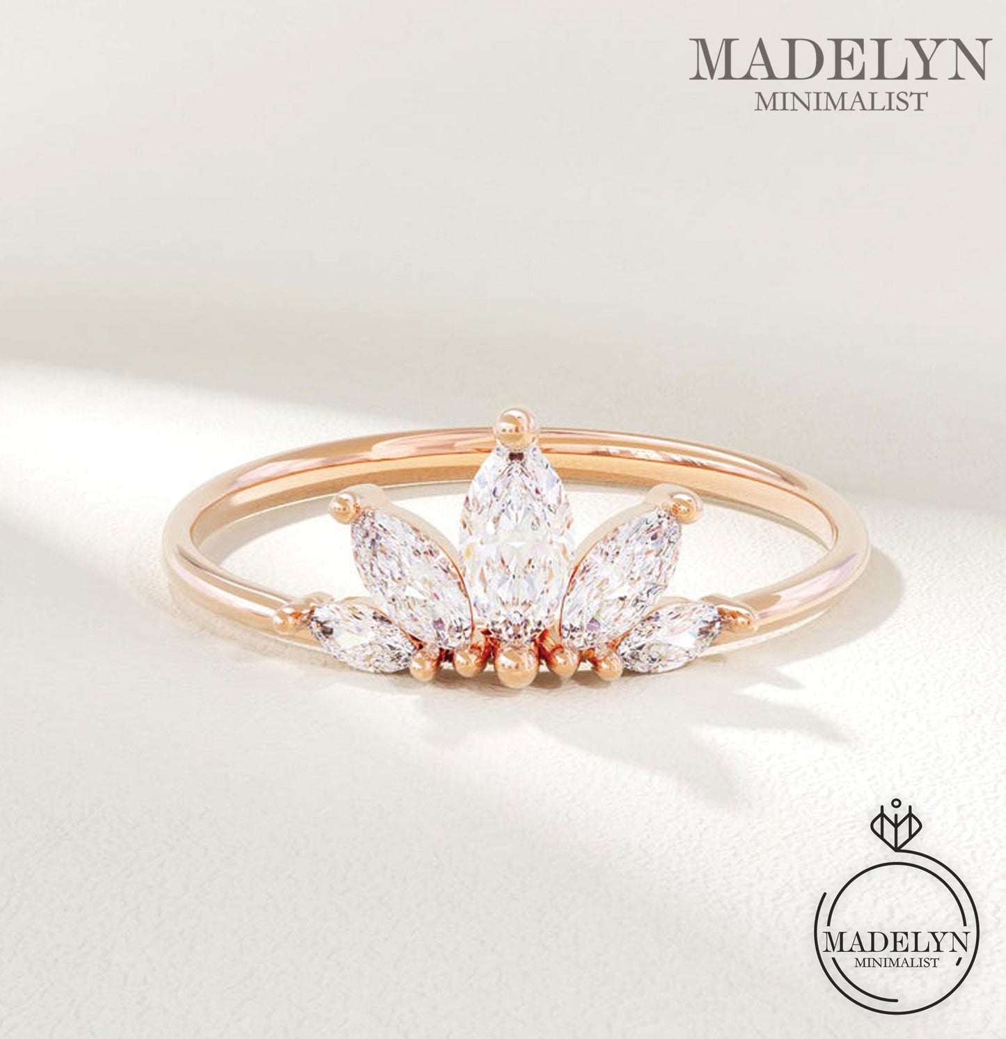 MADELYN MINIMALIST 14k Solid Gold Marquise Dainty Tiara Wedding Ring | Gift For Wife