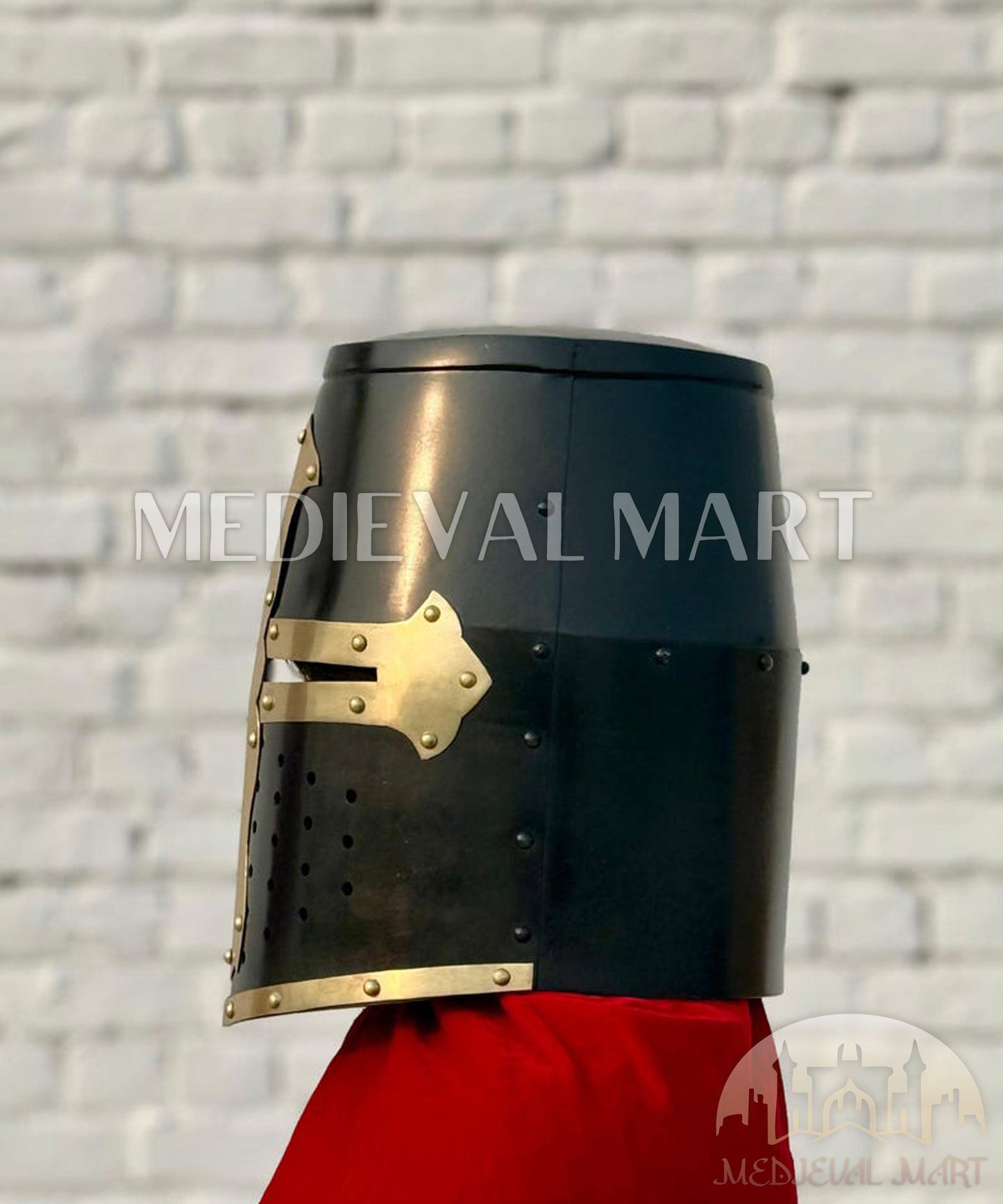 MEDIEVALMART Medieval Black Knight Templar Crusader  Knight Helmet W/H Brass Deco for LARP or Cosplay - Gift For Dad