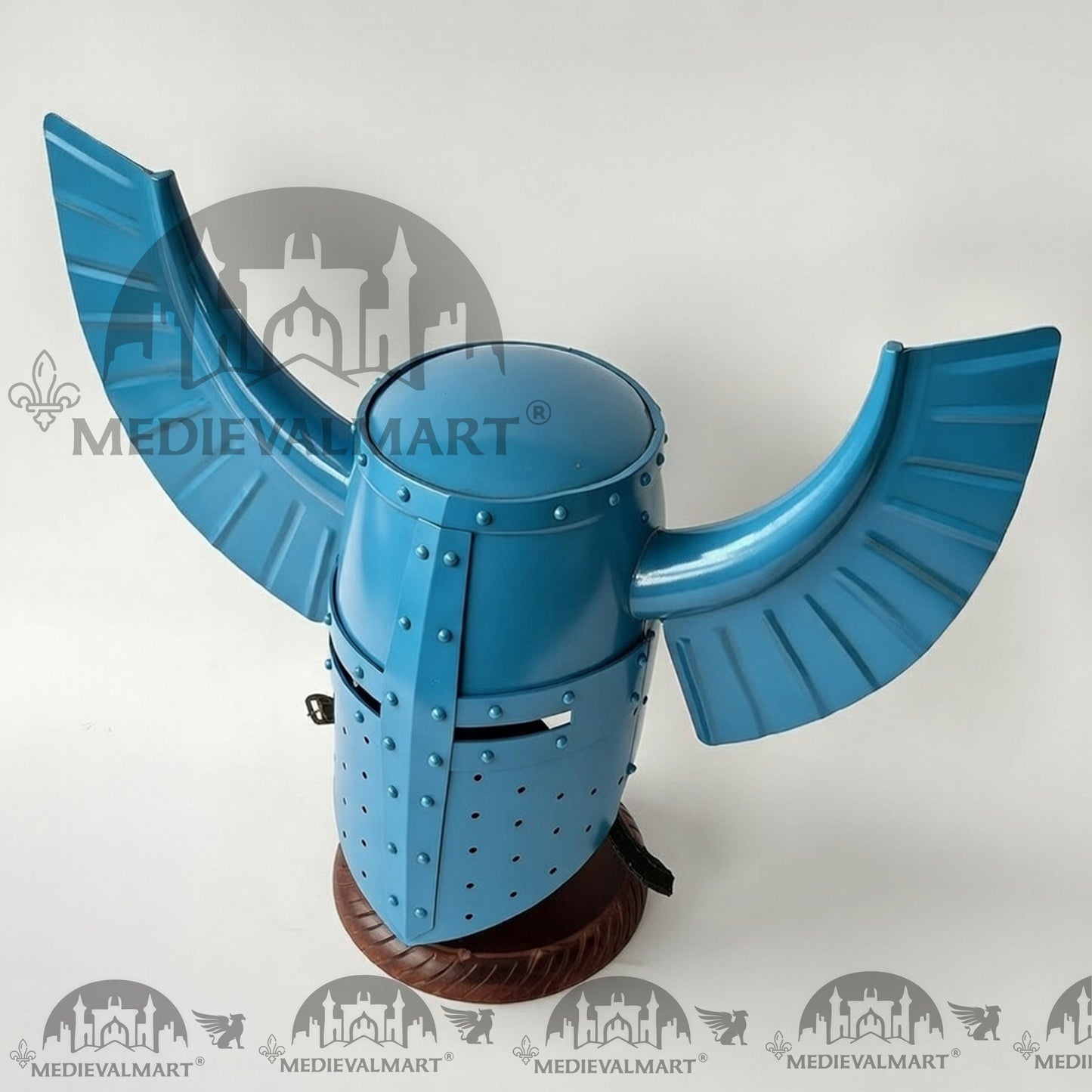 MEDIEVALMART Medieval Templar Warrior Teutonic Aqua Blue Finish Wing Helmet with Free Stand