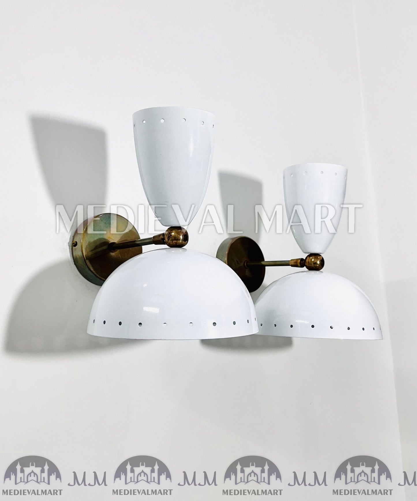 MEDIEVALMART Raw Brass Italian Mid Century Wall Sconces, White Bowl Lighting Pair
