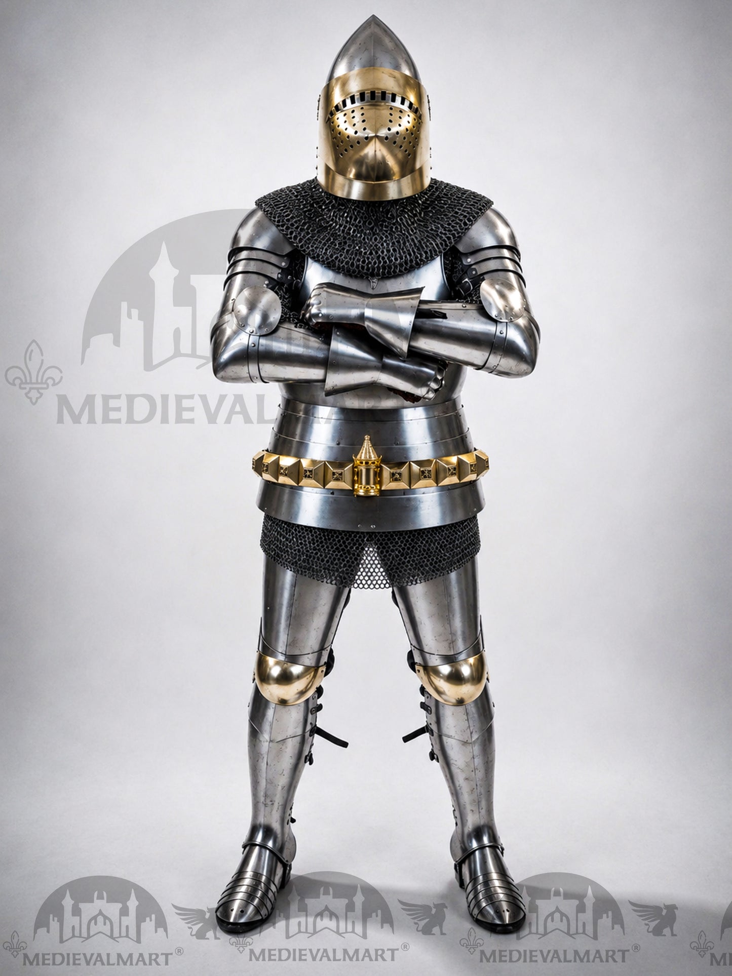 MEDIEVALMART Historical Knight Full Body Steel Armor Suit W/H Hundsgugel Helmet, Cuirass Stop Rib or Brass Touch