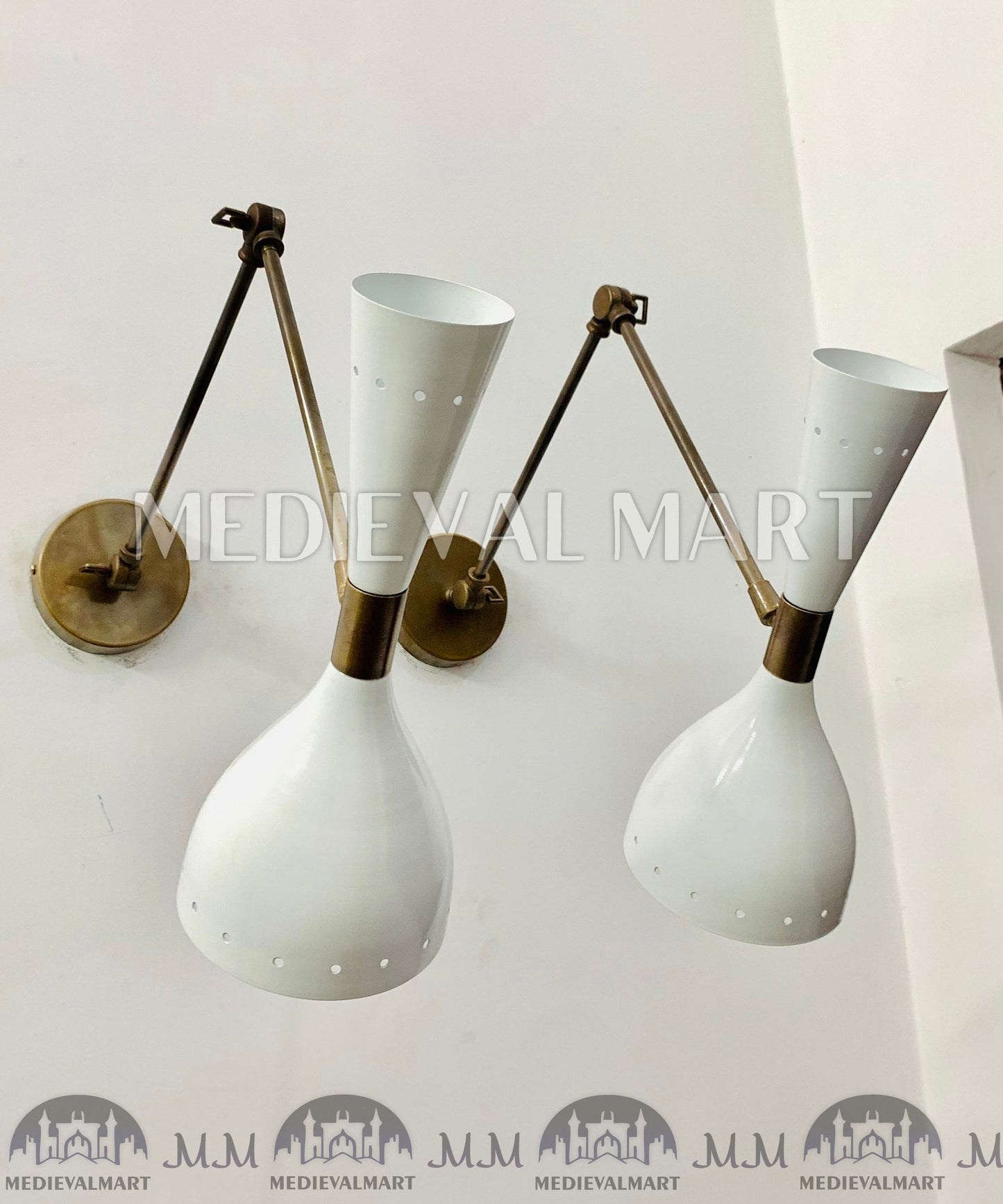 MEDIEVALMART Mid Century Italian Stilnovo Brass Wall Sconce Pair Lighting