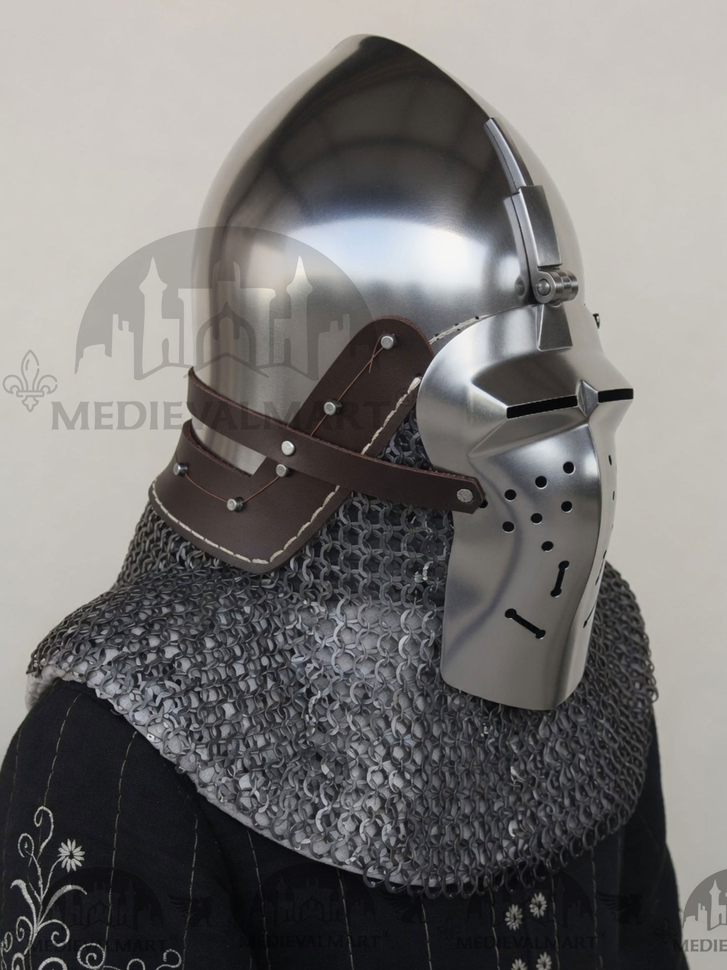 MEDIEVALMART Medieval Klappvisier Bascinet Helmet with Hinged Visor & Chainmail Aventail, Best for Reenactment