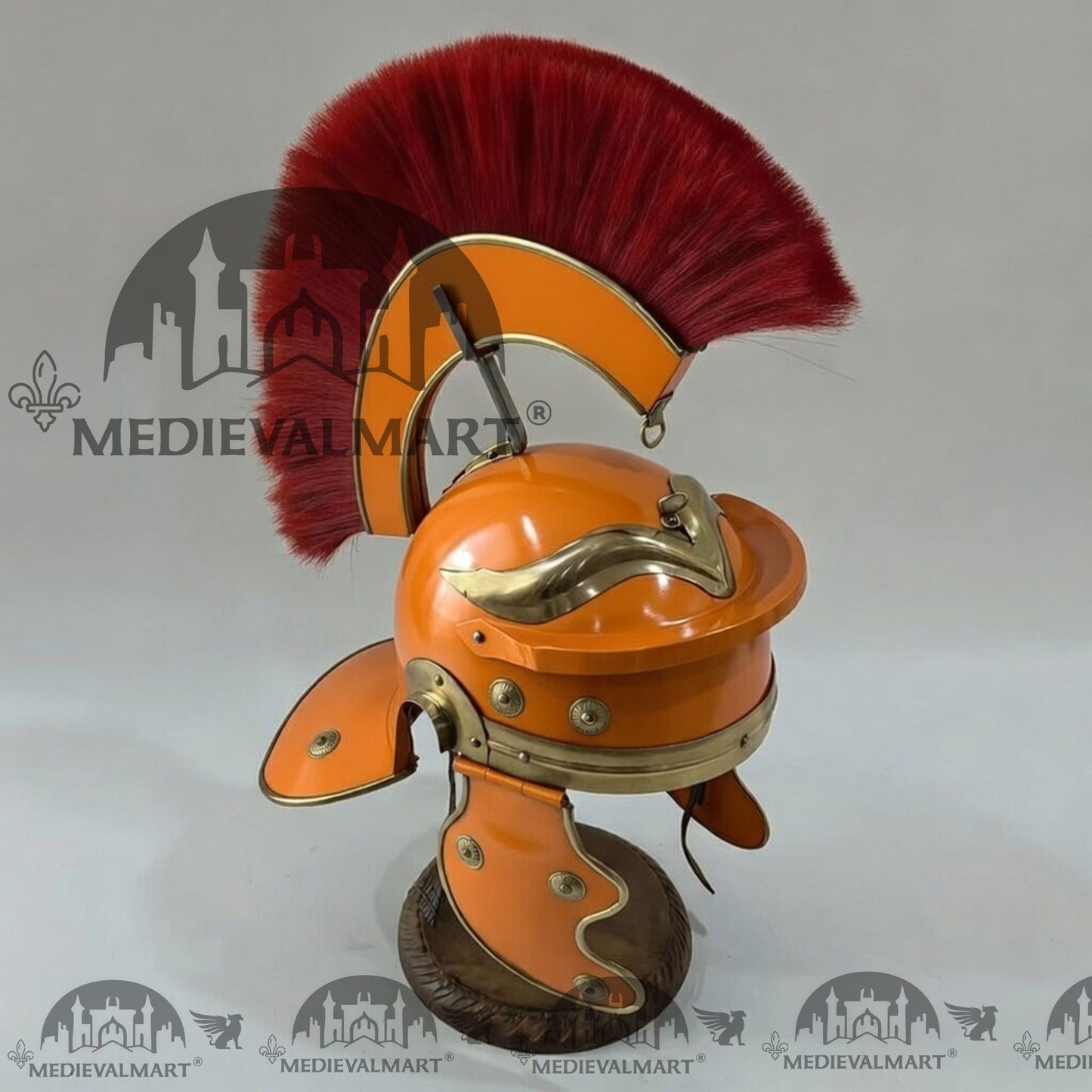 MEDIEVALMART Gallic Roman Centurion Orange Finish Helmet Replica Red Plume with Free Stand