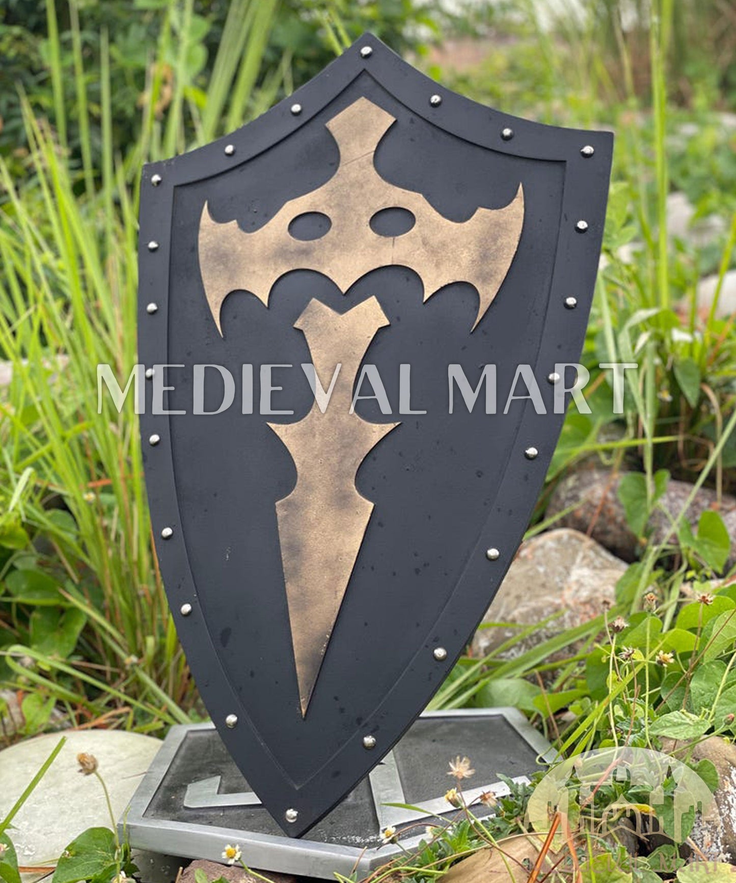 MEDIEVALMART Medieval Templar Bat Inspired Wooden Shield Black & Gold Finish | Gift for Christmas Day