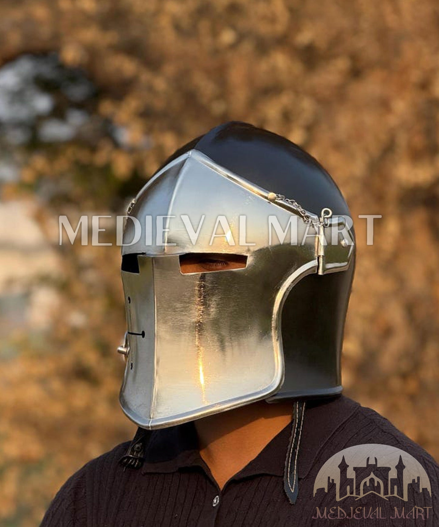 MEDIEVALMART Medieval Knight Armor 18g Mild Steel Black Barbuta Helmet for LARP or Cosplay - Gift For Dad