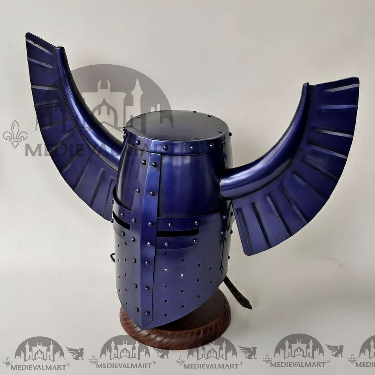 MEDIEVALMART Medieval Templar Warrior Teutonic Blue Finish Wing Helmet with Free Stand